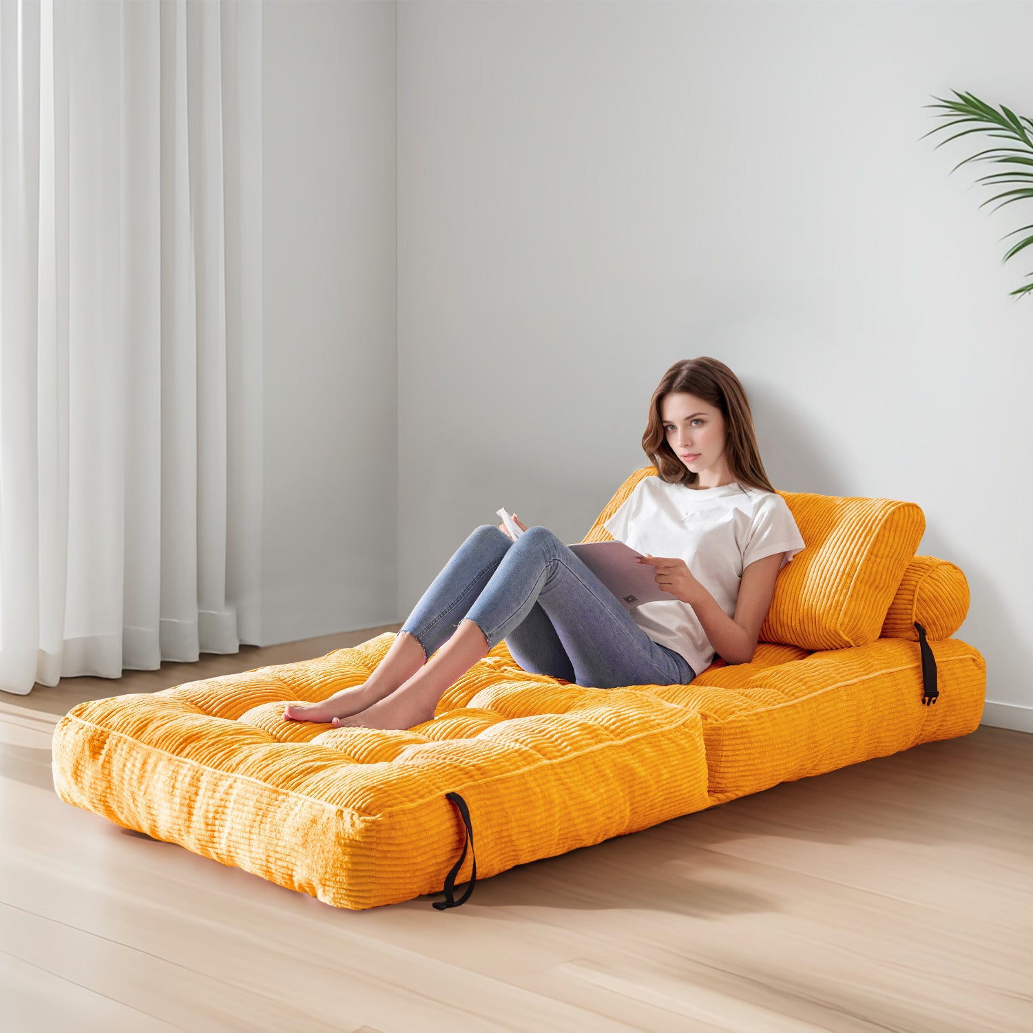 MAXYOYO Corduroy Sofa Bed - Convertible Sleeper Chair with Back Support in Orange | Comfortable Guest Bed & Space-Saving Living Room Furniture