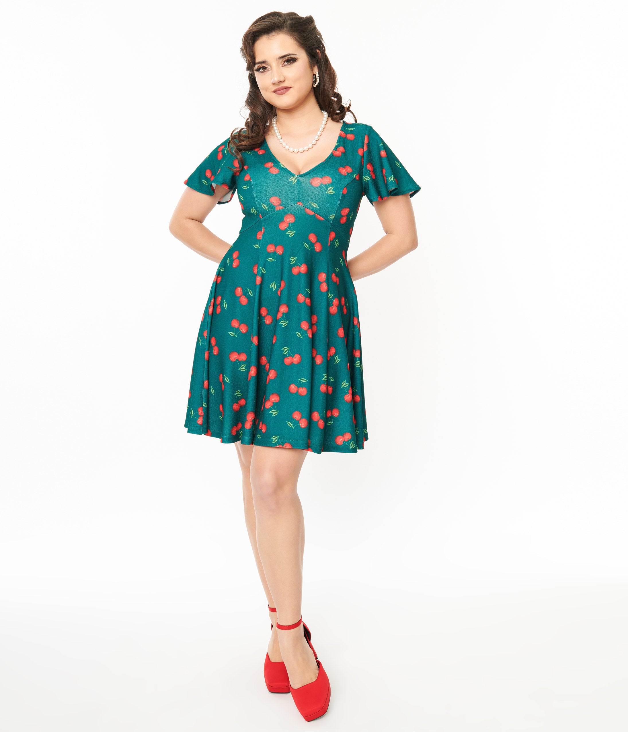 Vintage 1950s Emerald Green & Cherry Print Poppy Flare Dress - Retro Swing Dress for Women, Perfect for Cocktail Parties, Vintage Themed Events & Special Occasions
