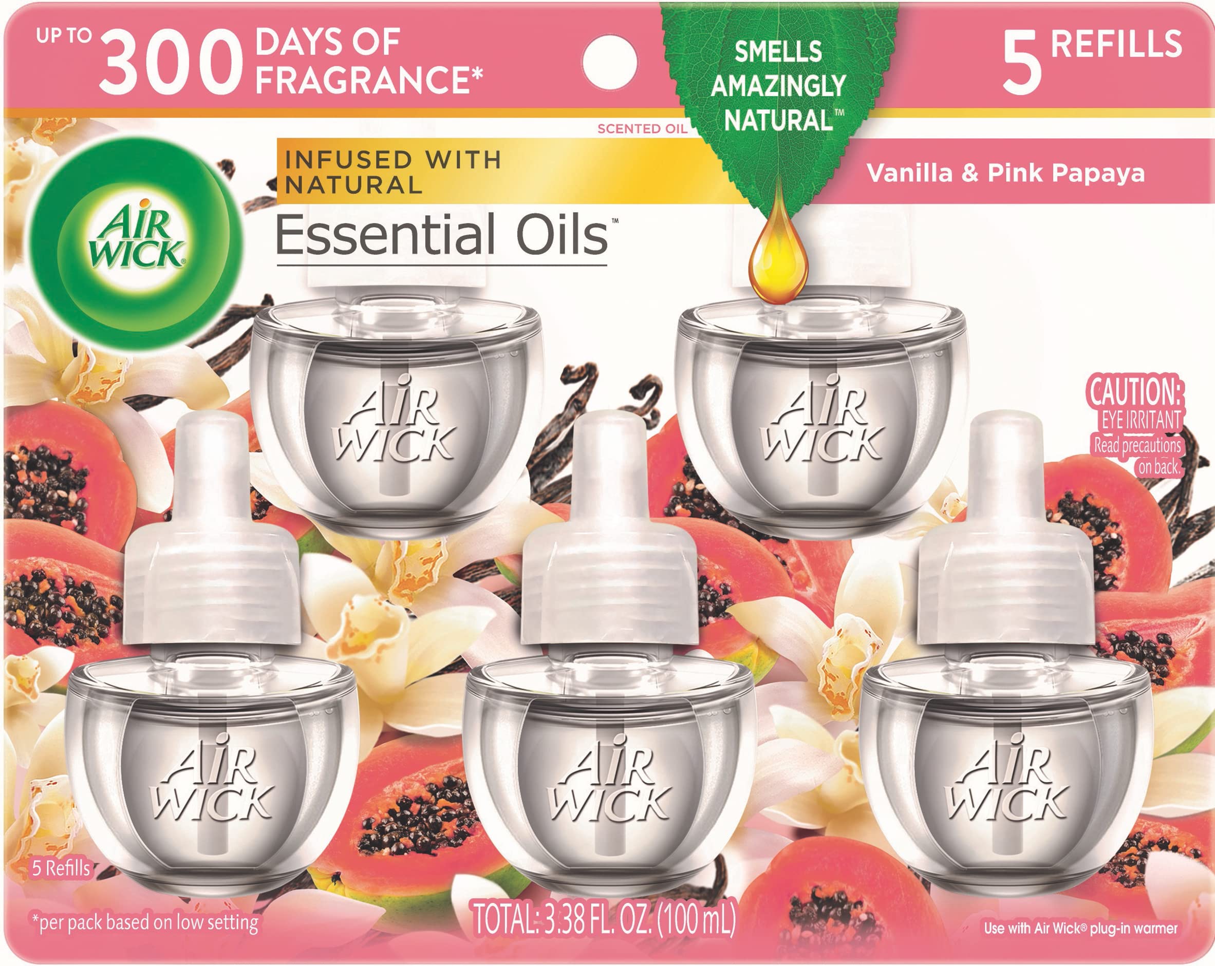 Air Wick Plug in Scented Oil Refill - 5ct Vanilla & Pink Papaya Essential Oil Air Freshener for Home, Office & Bathroom - Long-Lasting Fragrance