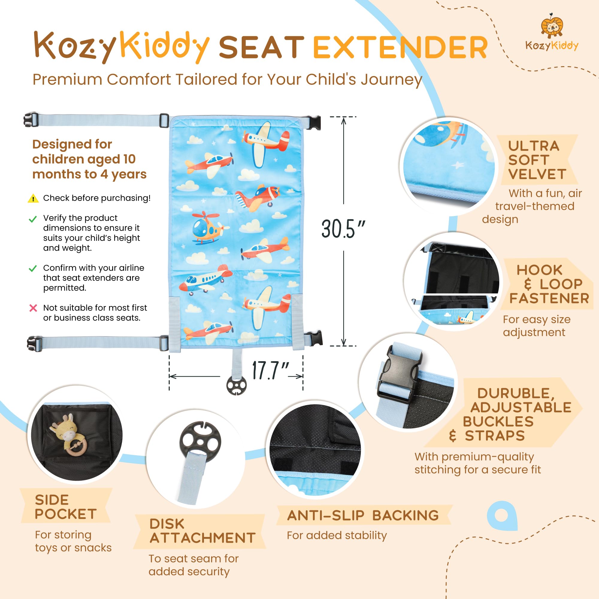Adjustable Toddler Airplane Bed with Tablet Holder & Tray Table Cover - Kids Flight Foot Rest, Travel Cot & Hammock for Planes & Cars - Perfect for Long Flights, Road Trips & Baby Travel Essentials