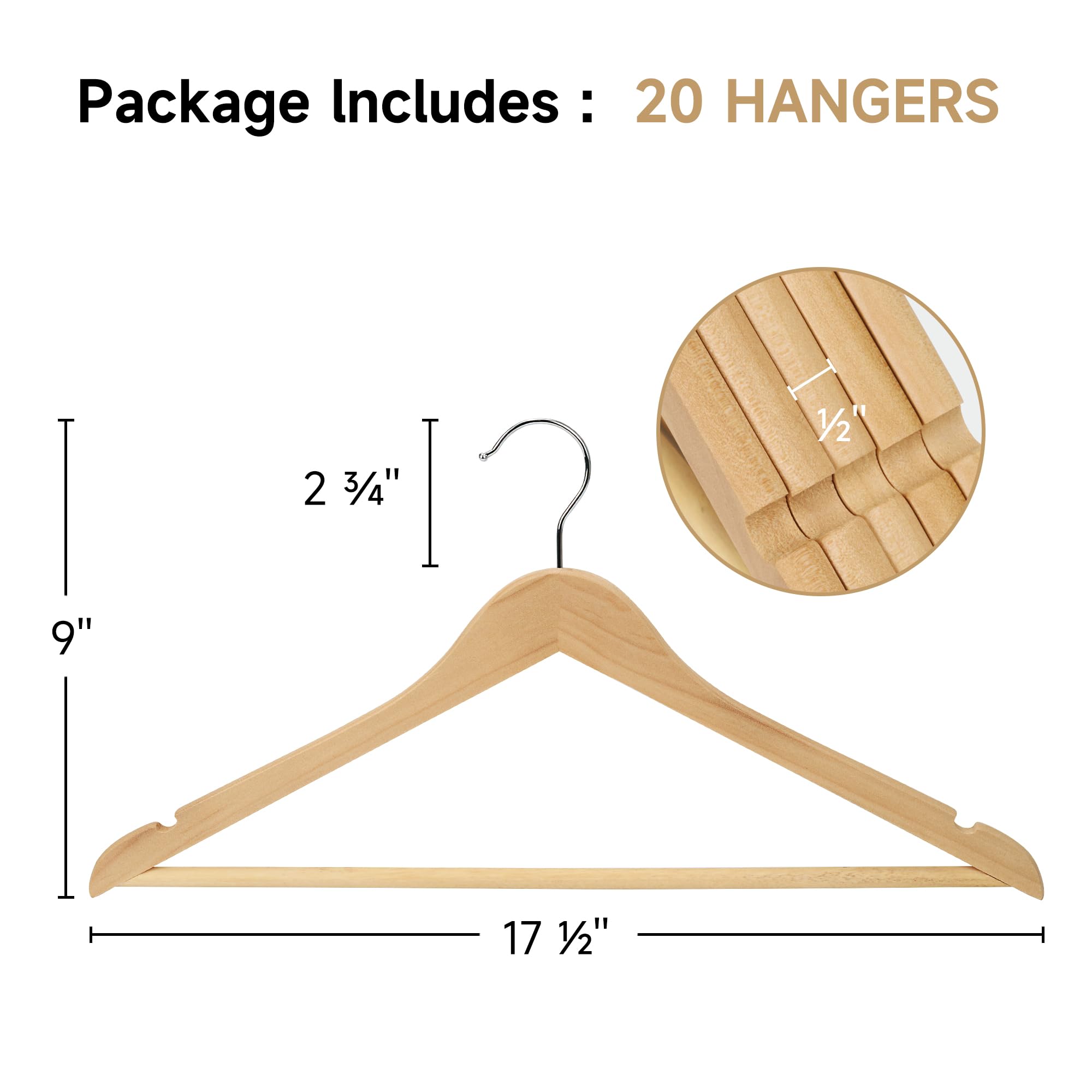 Premium Wooden Clothes Hangers 20-Pack - Natural Wooden Coat Hangers for Jackets, Shirts, Pants & Suits - Space-Saving Wardrobe Organizer for Closet, Laundry Room & Travel