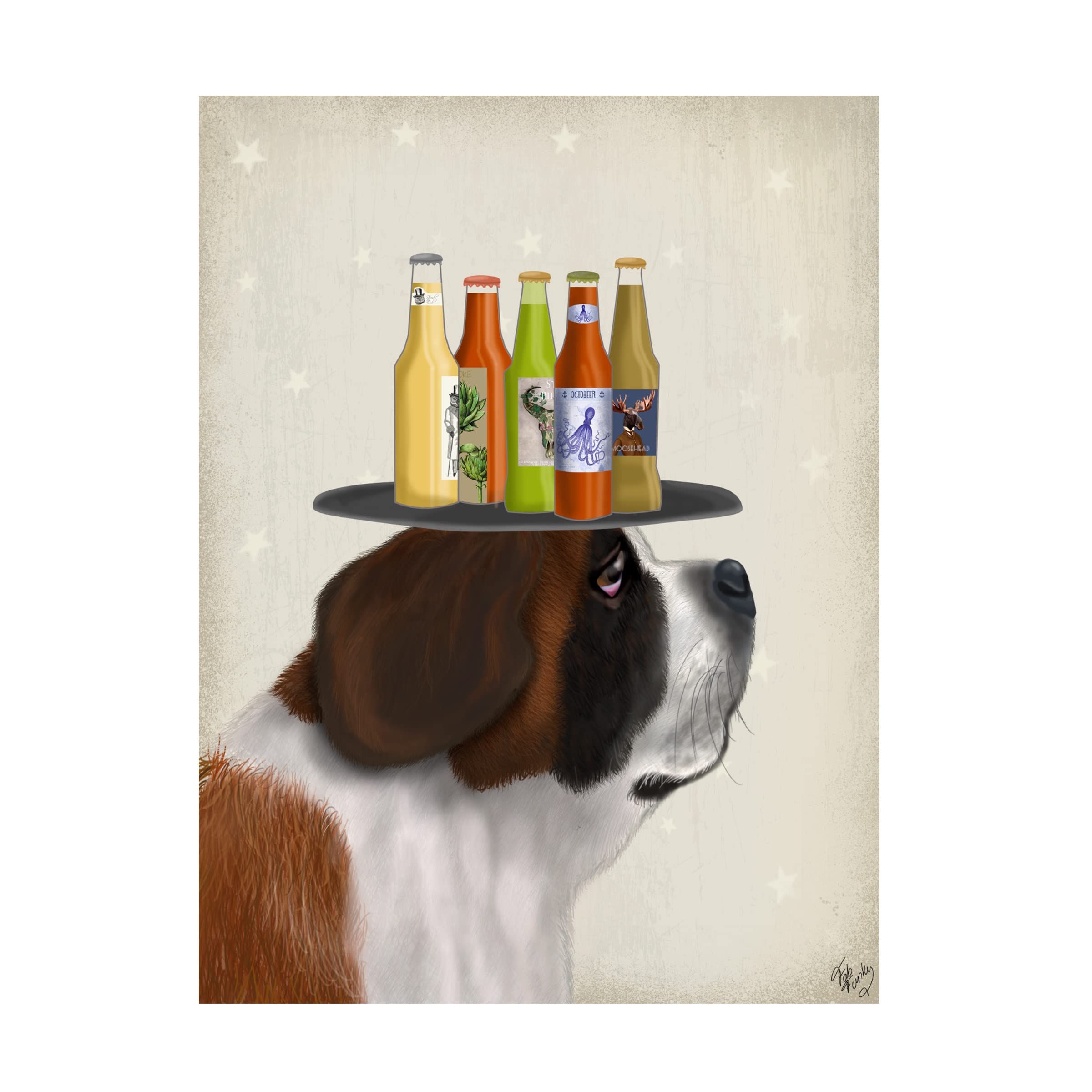 Fab Funky 'St Bernard Beer Lover' Canvas Wall Art Print - Dog Lover Gift, Home Bar Decor, Living Room & Man Cave Wall Decor - Perfect for Beer Enthusiasts & Pet Lovers