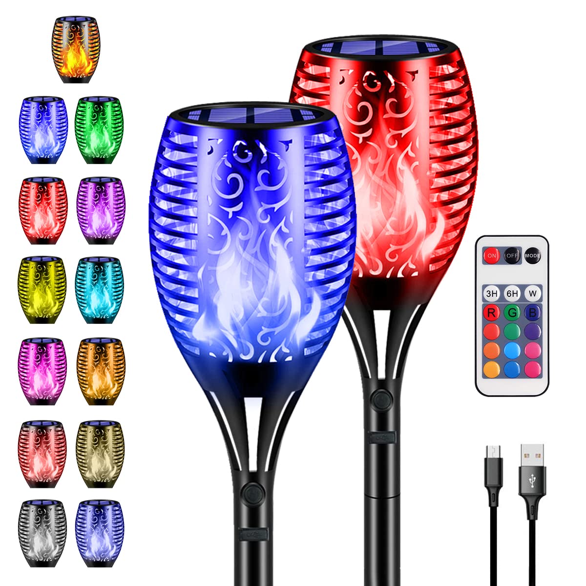 2 Pack Solar Powered Outdoor Flickering Torch Lights with USB Charging Port & Remote - 13 Color Changing RGB Waterproof Landscape Lighting, Auto On/Off for Garden, Patio, Driveway, Party & Backyard Decor