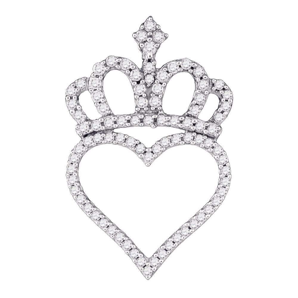 10K White Gold Women's Round Diamond Crown Heart Pendant Necklace - 1/3 CTTW - Perfect for Valentine's Day Gifts, Anniversary Presents & Special Occasions