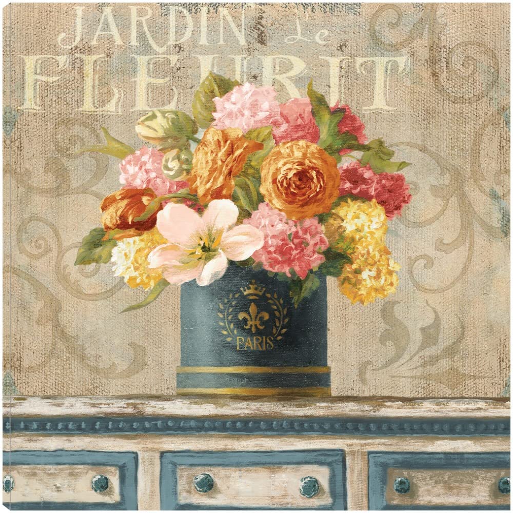 Tulips in Teal and Gold Hatbox Canvas Wall Art - 37x37 Inch Ready to Hang Painting for Living Room, Bedroom, Office Decor - Perfect for Home, Kitchen, Bathroom, Dining & Guest Room Wall Decor