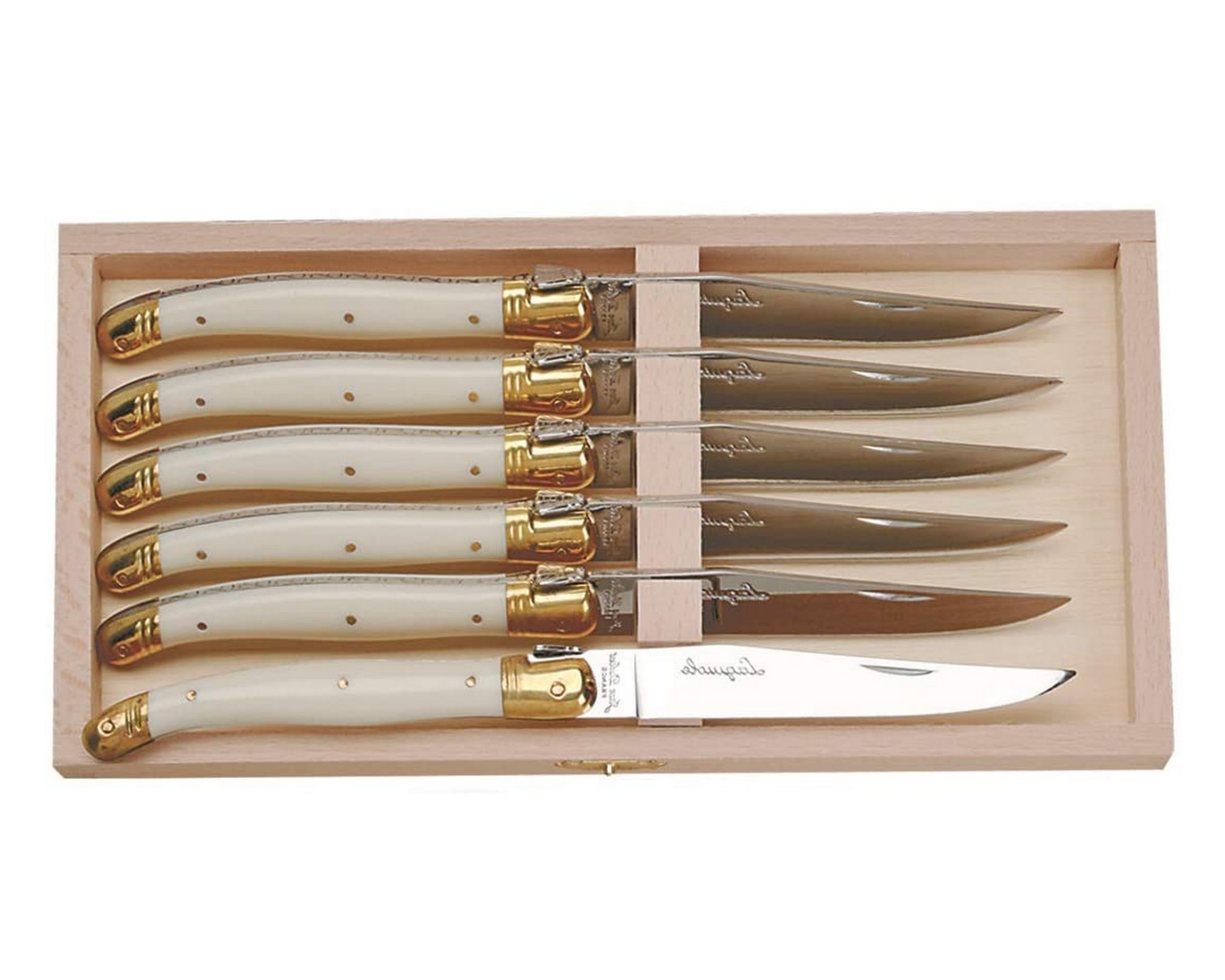 Premium Jean Dubost 6-Piece Steak Knife Set with Ivory Handle in Wooden Gift Box - French-Made Cutlery for Fine Dining & Steakhouse Experience