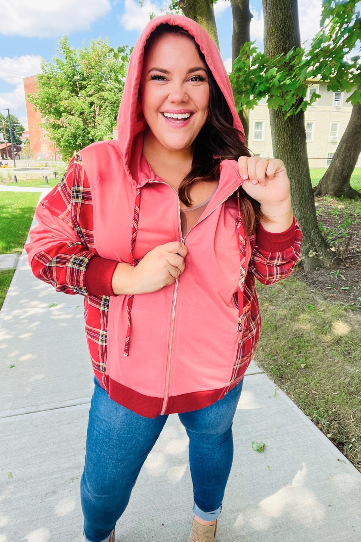 Stylish Marsala Plaid Color Block Zipper French Terry Hoodie for Women | Cozy Fall & Winter Outerwear | Perfect for Casual Outings, Lounge Wear and Street Fashion