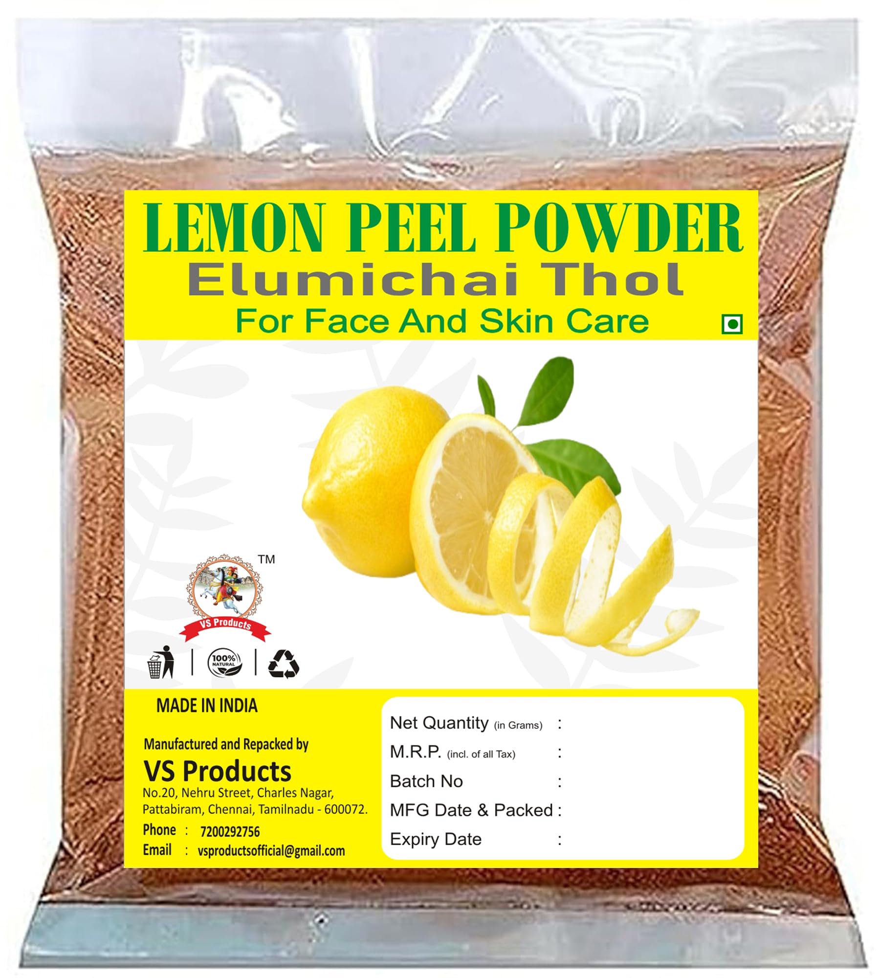 VS Products Organic Lemon Peel Powder 450g - 100% Pure Jambiri Peel Powder for Glowing Skin & Face Care - Natural Nimbu Chilka Powder for Exfoliation & Brightening - Pack of 4 x 100g (Total 400g) - Perfect for DIY Skincare, Hair Masks & Ayurvedic Remedies