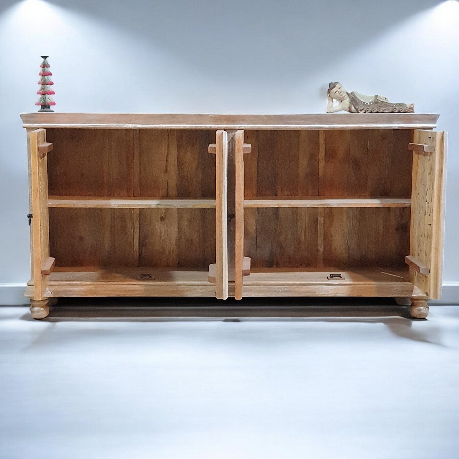 Handmade Carved Indian Mango Wood 4-Door Sideboard Cabinet - White Finish (180x40x90 cm) - Perfect for Dining Room Storage, Living Room Decor & Entryway Organization