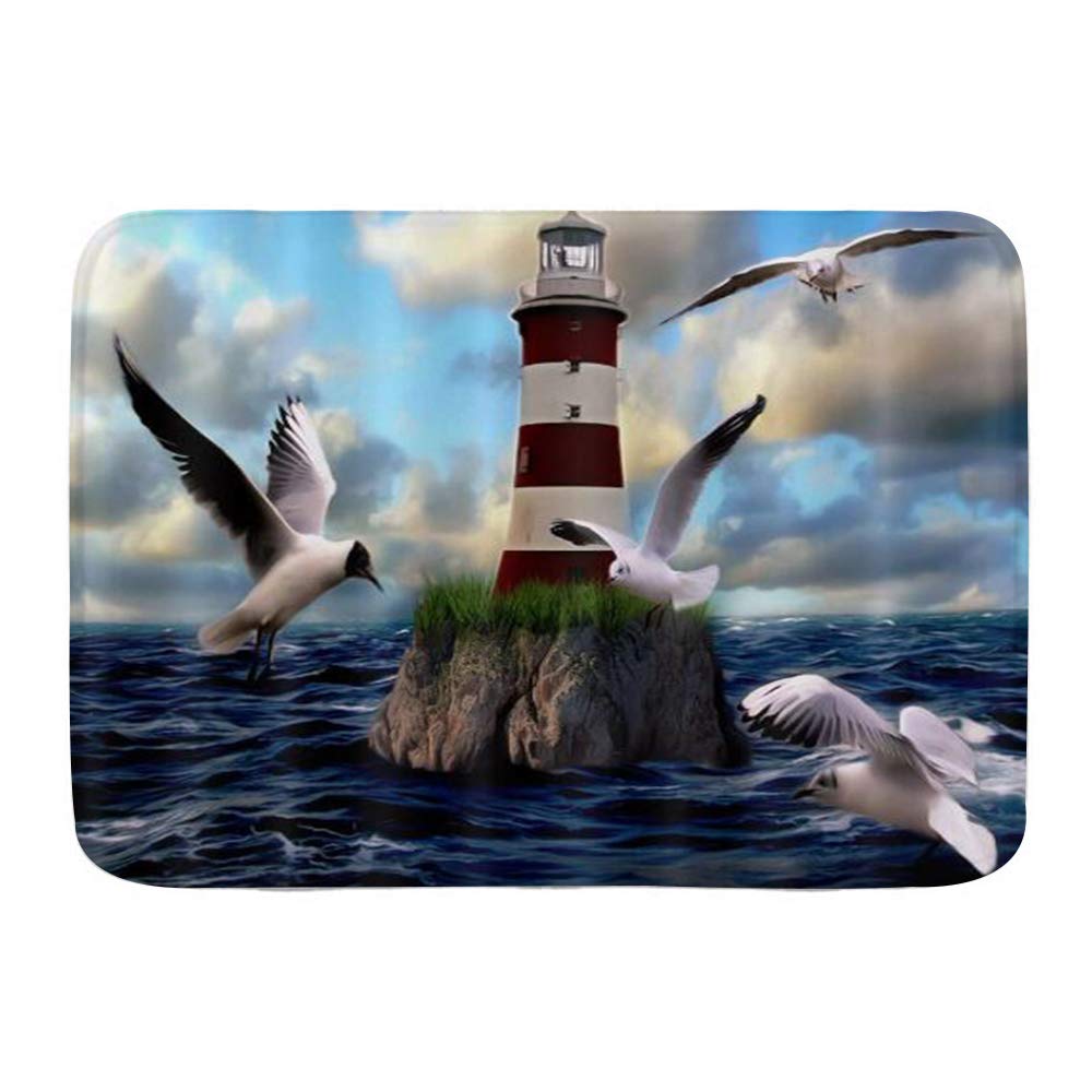 Non-Slip Plush Bath Mat Rug - Lighthouse Seagull Ocean Cloudy Sky Design, 29.5