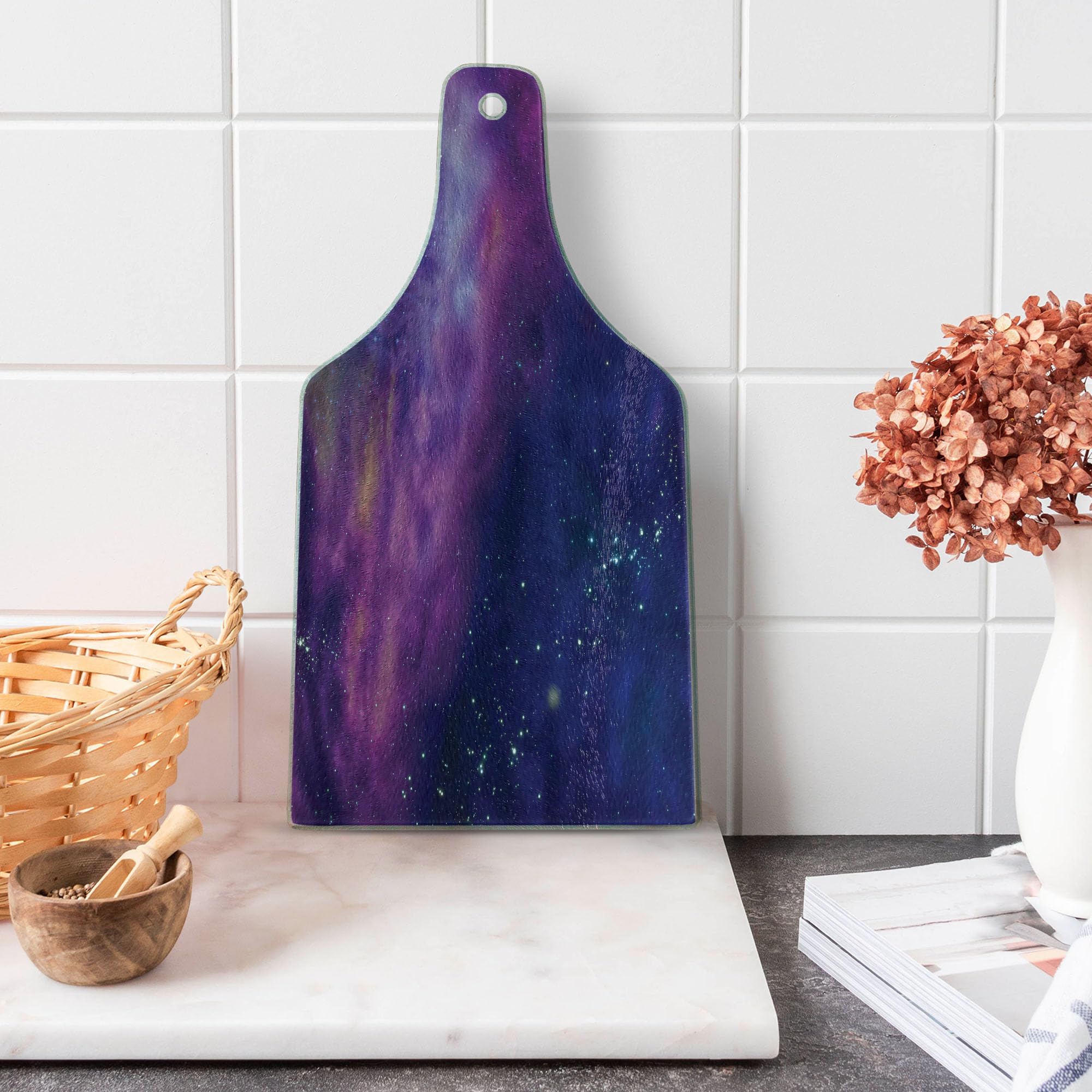 Ambesonne Outer Space Themed Tempered Glass Cutting Board - Milky Way & Star Clusters Design, Wine Bottle Shape in Purple Blue - Perfect for Kitchen Prep, Charcuterie Serving & Home Decor