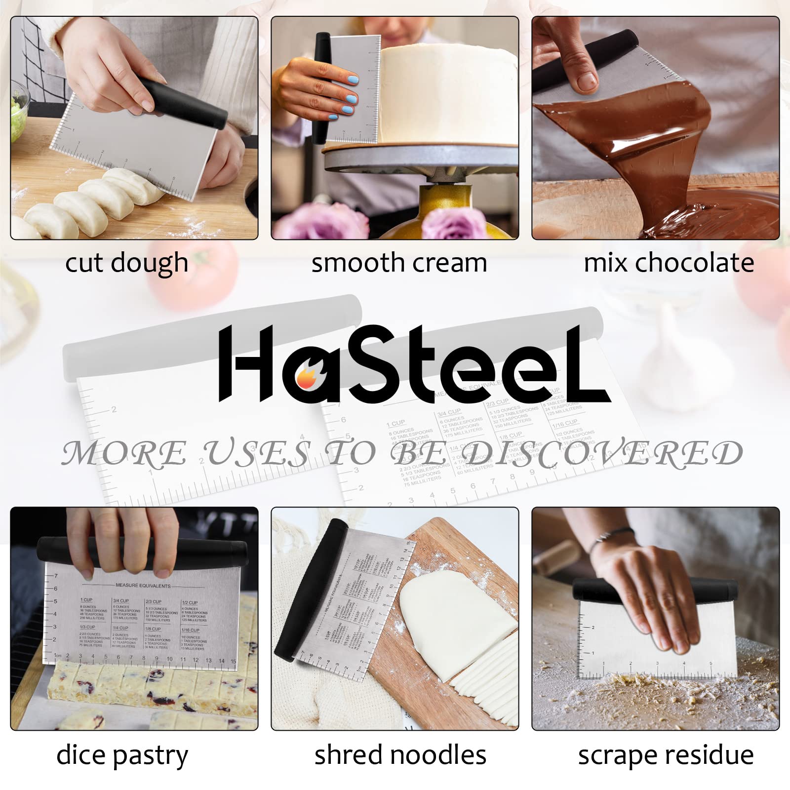 HaSteeL Stainless Steel Griddle Scraper & Dough Cutter - Multi-Purpose Kitchen Tool with Measuring Marks for Grilling, Baking, Cooking - Dishwasher Safe (2-Pack) - Perfect for BBQ, Pizza Making & Pastry Prep