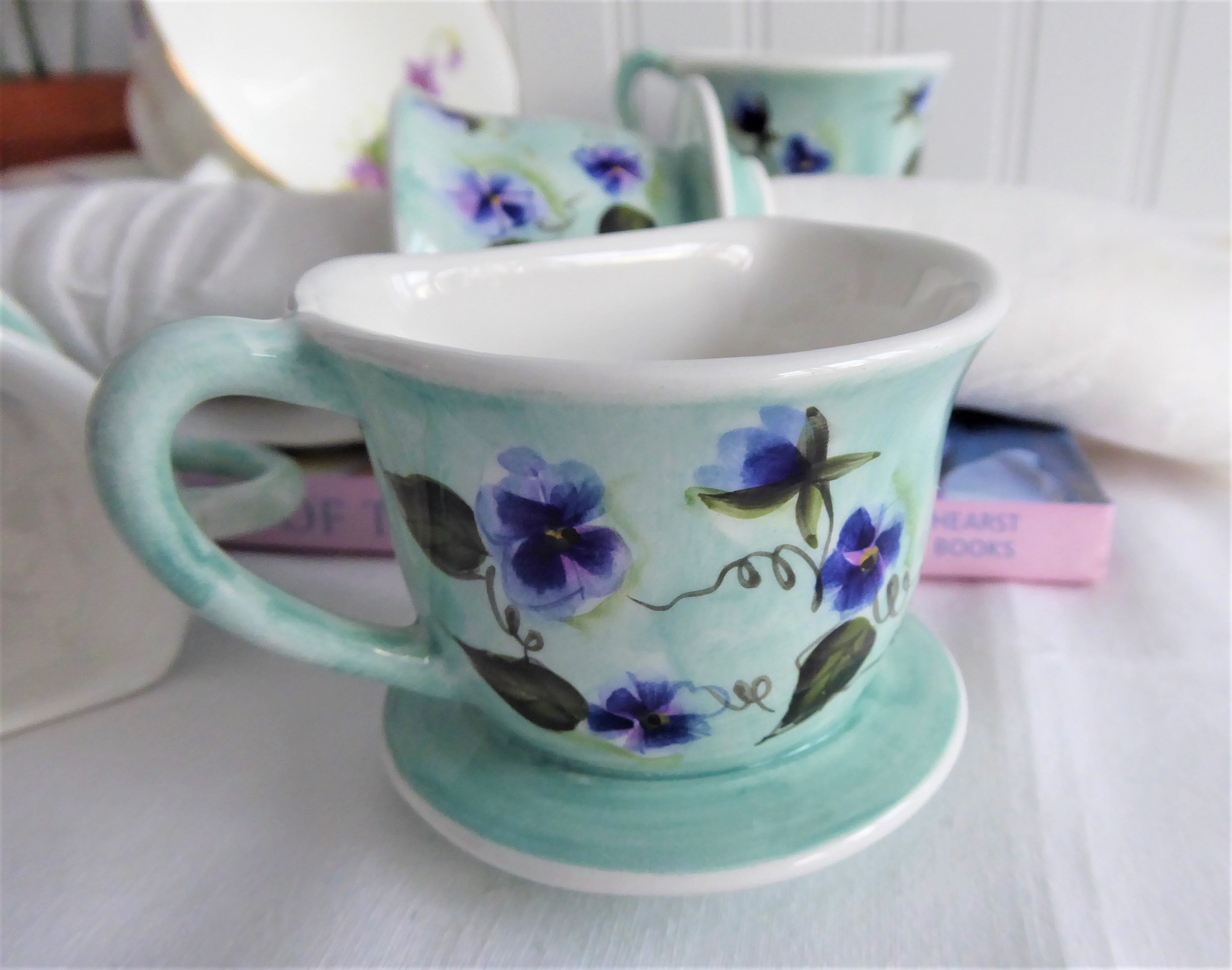 Handpainted Ceramic Teacup Napkin Rings Set of 4 - Violet Floral Design in Egg Blue & Purple - Perfect for Spring Tablescapes, Easter Decor, and Tea Party Table Settings