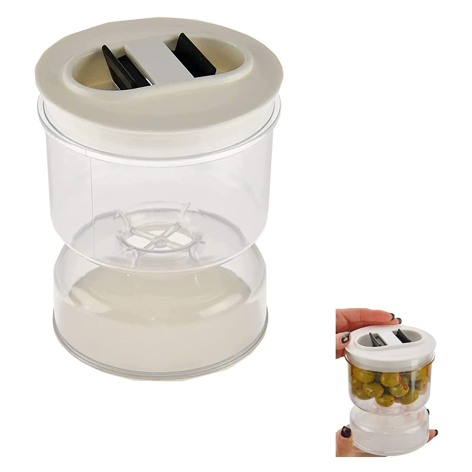 NNGJ Airtight Pickle and Olive Storage Jar with Strainer - Hourglass Design, Flip Top Lid for Freshness - Perfect for Kitchen, Pantry, and Refrigerator Organization (1 Piece, White)