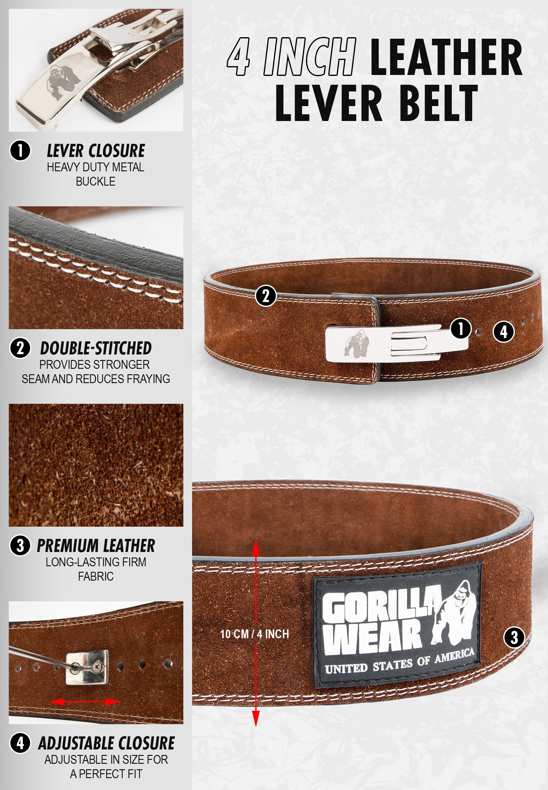 GW 4 Inch Premium Leather Lever Belt for Powerlifting & Weightlifting - Heavy Duty Gym Belt for CrossFit, Deadlifts & Squats - Adjustable Brown Weight Lifting Belt for Men & Women