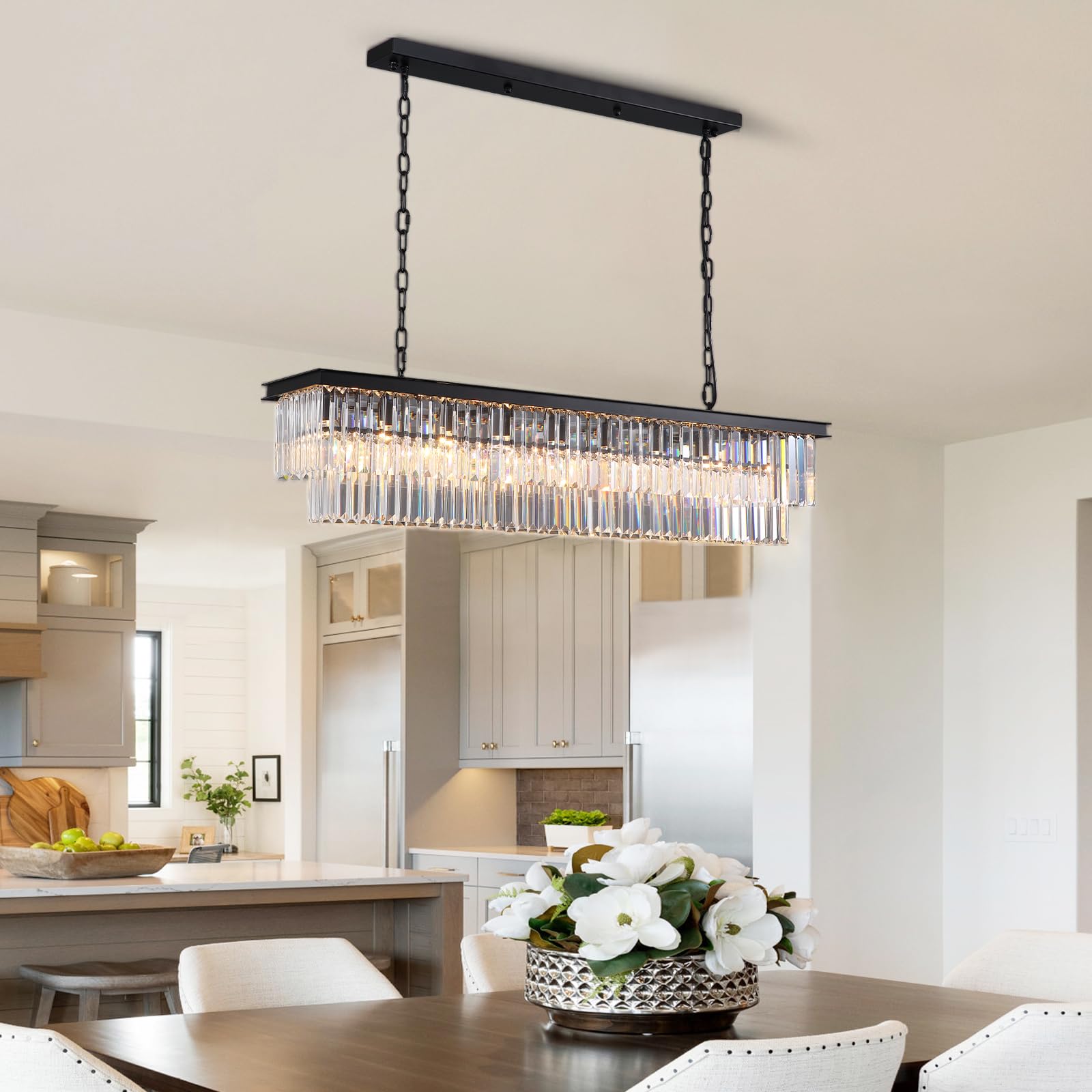 NOXARTE Modern Rectangular Crystal Chandelier - 8-Light Black Pendant Fixture for Dining Room, Kitchen Island, Bar & Living Room (47 Inch) - Elegant Lighting for Home Decor & Interior Design