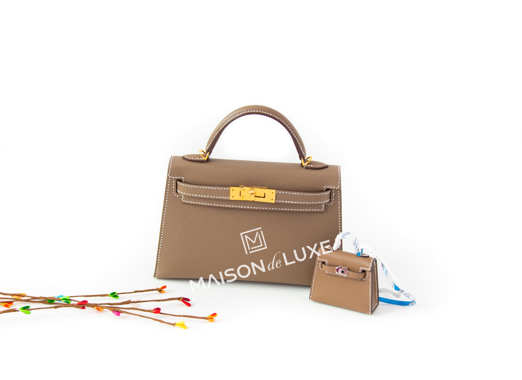 Authentic Hermes Mini Kelly II 20 Bag in Etoupe Epsom Leather with Gold Hardware - Luxury Crossbody Purse for Women, Perfect for Date Night & Special Occasions