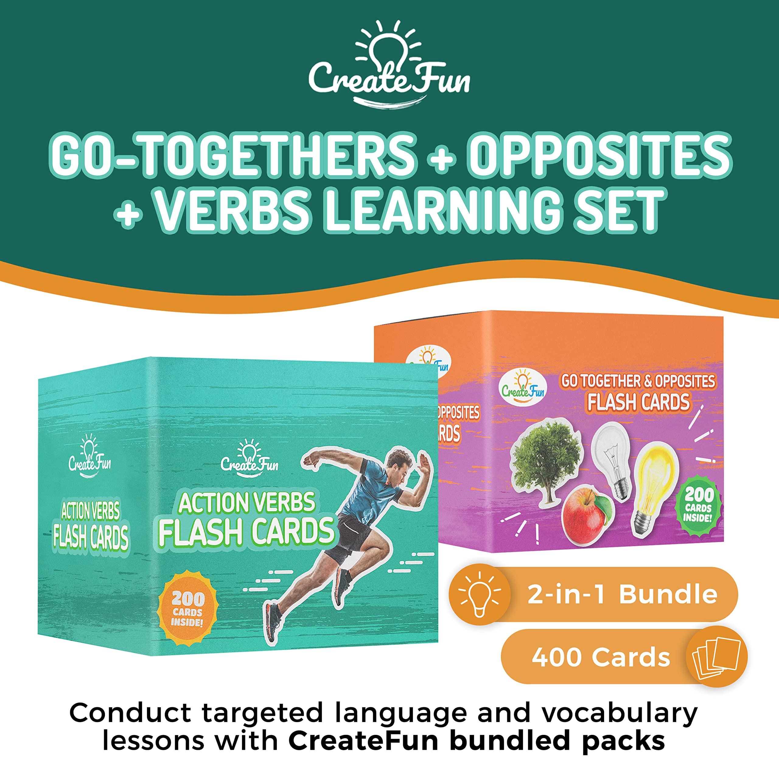 2-in-1 Go Together & Opposites Action Verbs Flash Cards Bundle - Durable Picture Cards for Speech Therapy, Homeschool & ESL Learning - Educational Flash Cards to Improve Reading, Vocabulary & Language Skills - Perfect for Toddlers, Preschool & Kindergarten Classroom Activities