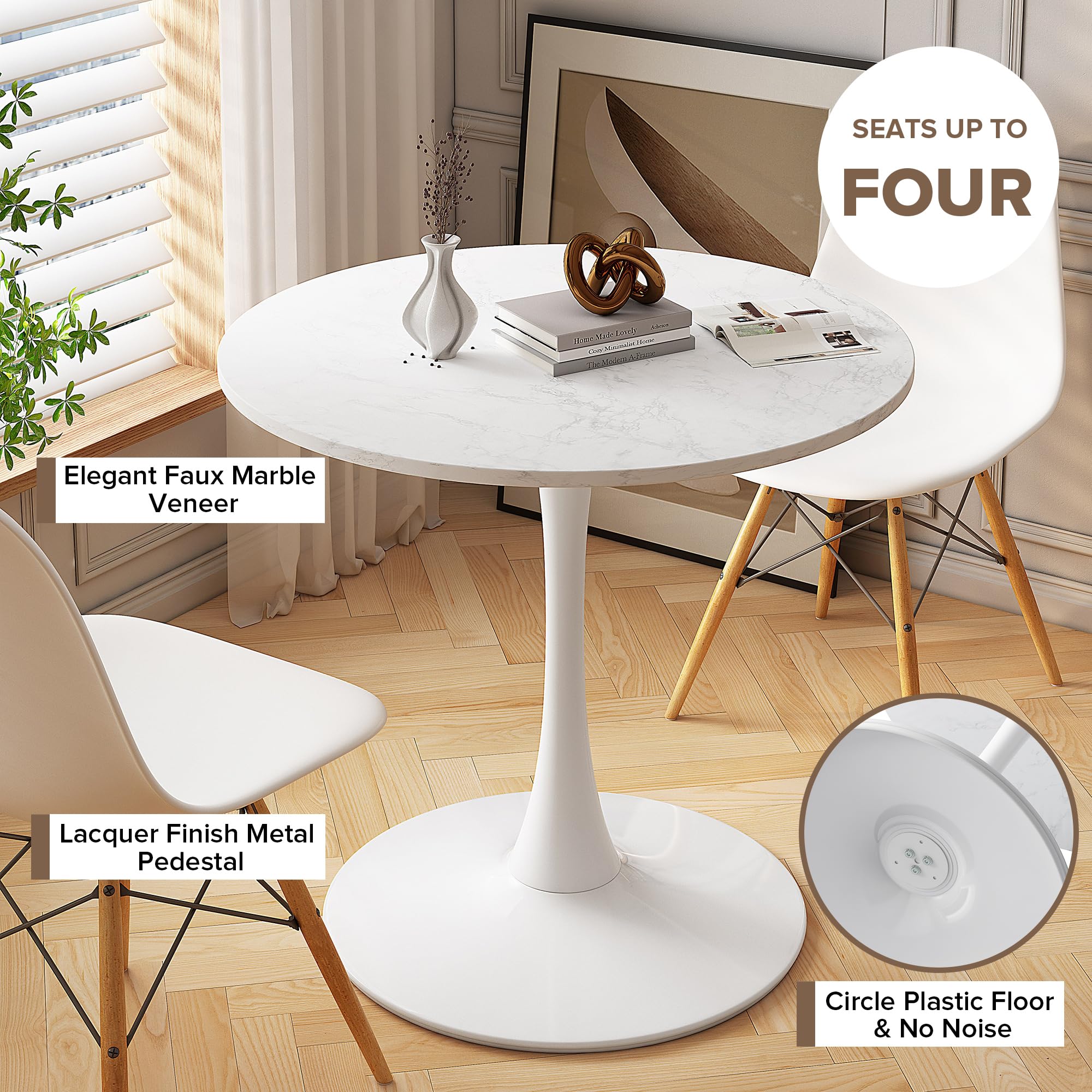 31.5 Inch Round Dining Table - Mid-Century Tulip Table with Sturdy Metal Pedestal Base | Modern Space-Saving Kitchen Table | Easy Assembly Marble Top White Finish | Perfect for Small Apartments & Cozy Dining Rooms