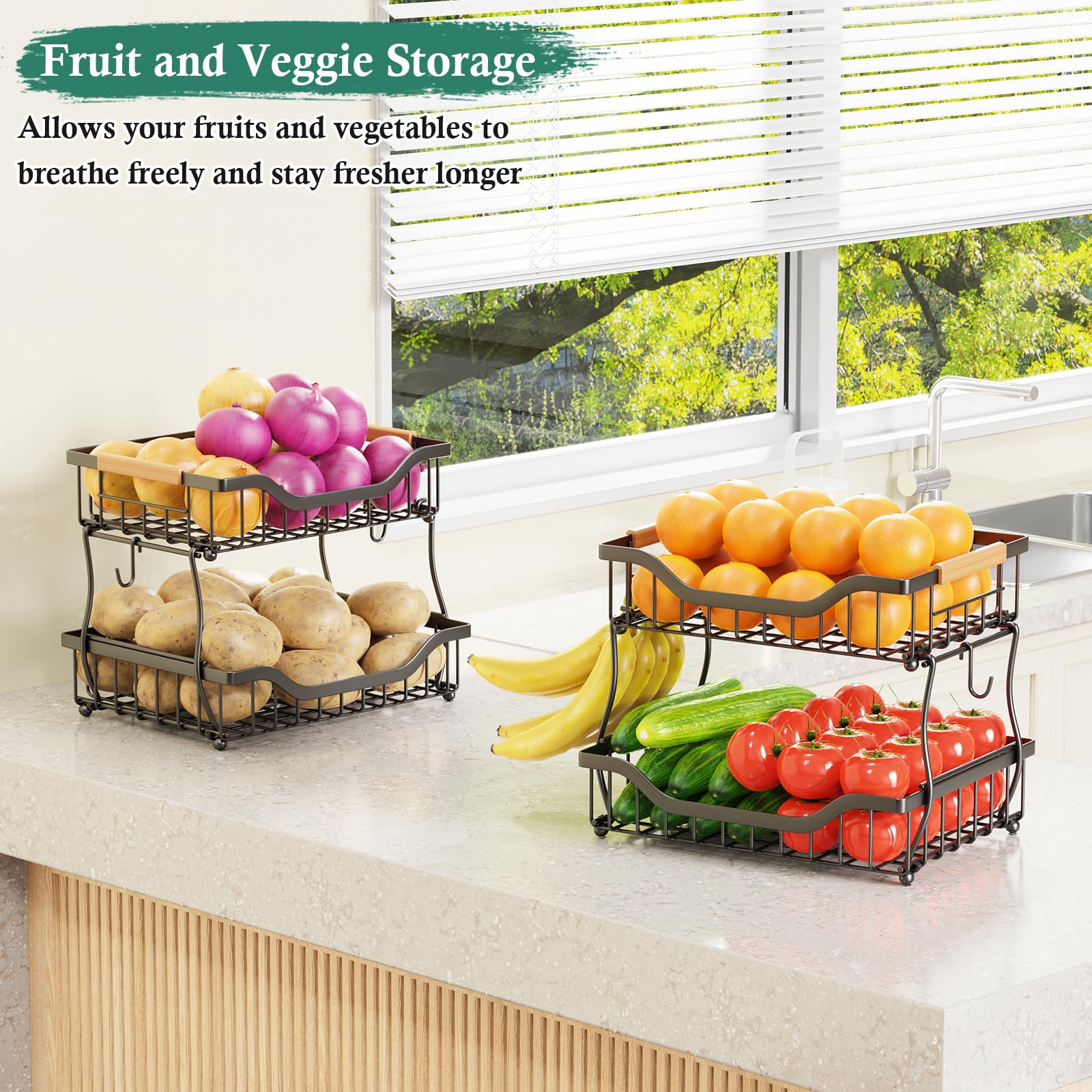 2-Tier Fruit Basket with Banana Hangers - Wall Mount & Countertop Kitchen Organizer for Fruits, Vegetables, Potatoes, Onions, Bread & Snacks | Space-Saving Storage Solution for Small Kitchens & Pantries