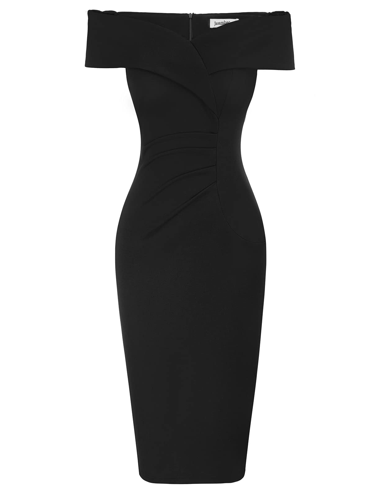 JASAMBAC Women's Off Shoulder V Neck Ruched Bodycon Midi Dress - Elegant Cocktail Party, Wedding Guest & Formal Occasion Wear for Evening Events, Date Night & Special Celebrations