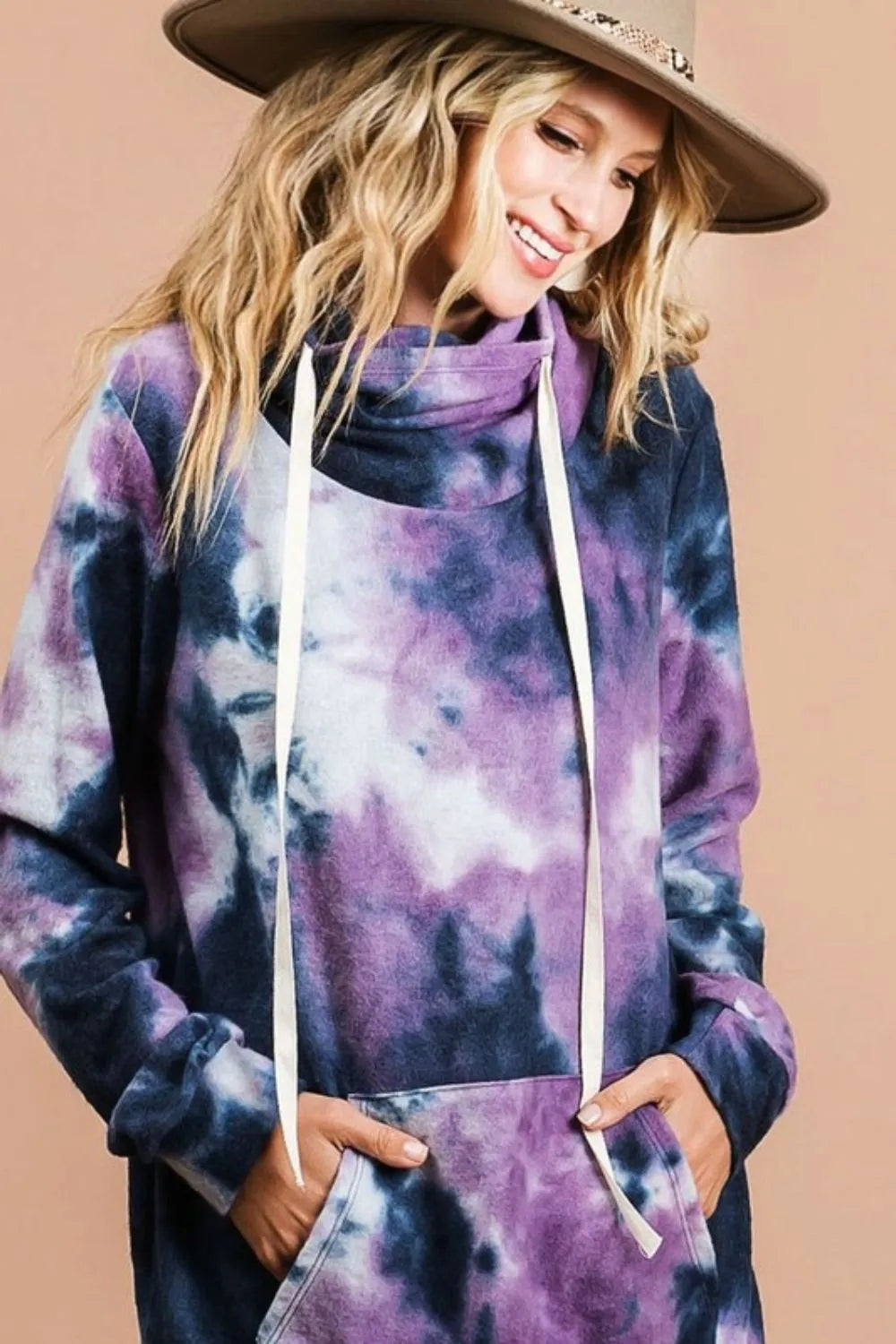 BiBi Brushed Tie Dye Overlapped Turtle Neck Sweatshirt for Women - Soft Cotton Pullover with Vintage Style - Perfect for Casual Outfits, Fall Layering and Streetwear Fashion