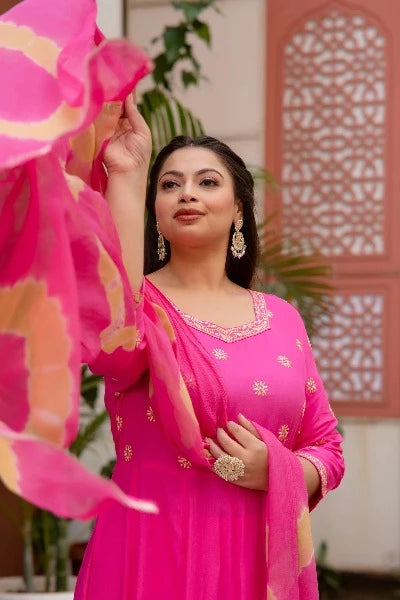Stylish Pink Bandhani Anarkali Plus Size Kurti Dupatta Set of 2 - Elegant Indian Ethnic Outfit for Women, Perfect for Weddings, Festivals & Special Occasions