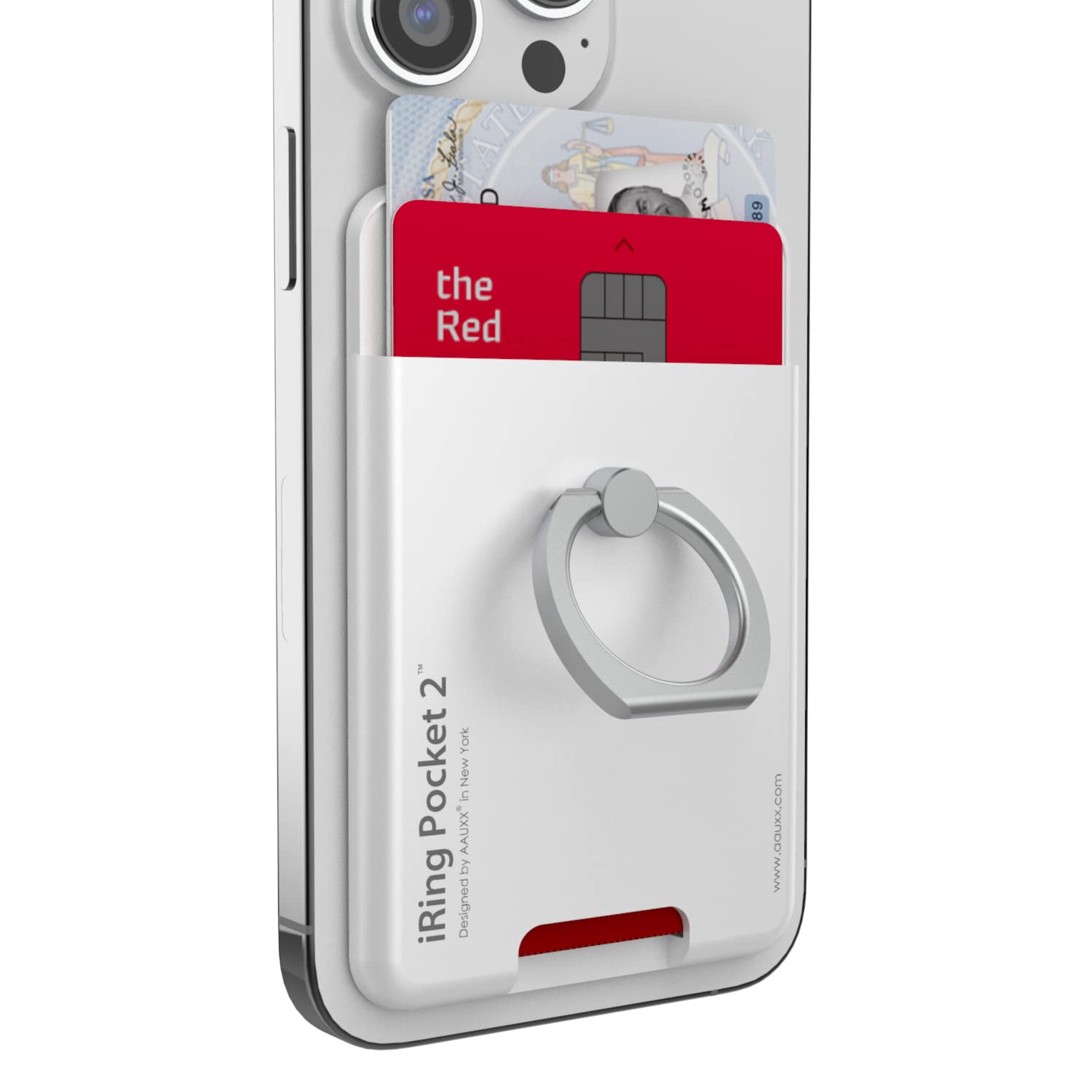 iRing Pocket Card Phone Ring Grip Holder - 2 Card Wallet Holder with Finger Grip, Compatible with iPhone, Galaxy & Android Smartphones (Pearl White) | Perfect for Commuting, Travel & Everyday Use