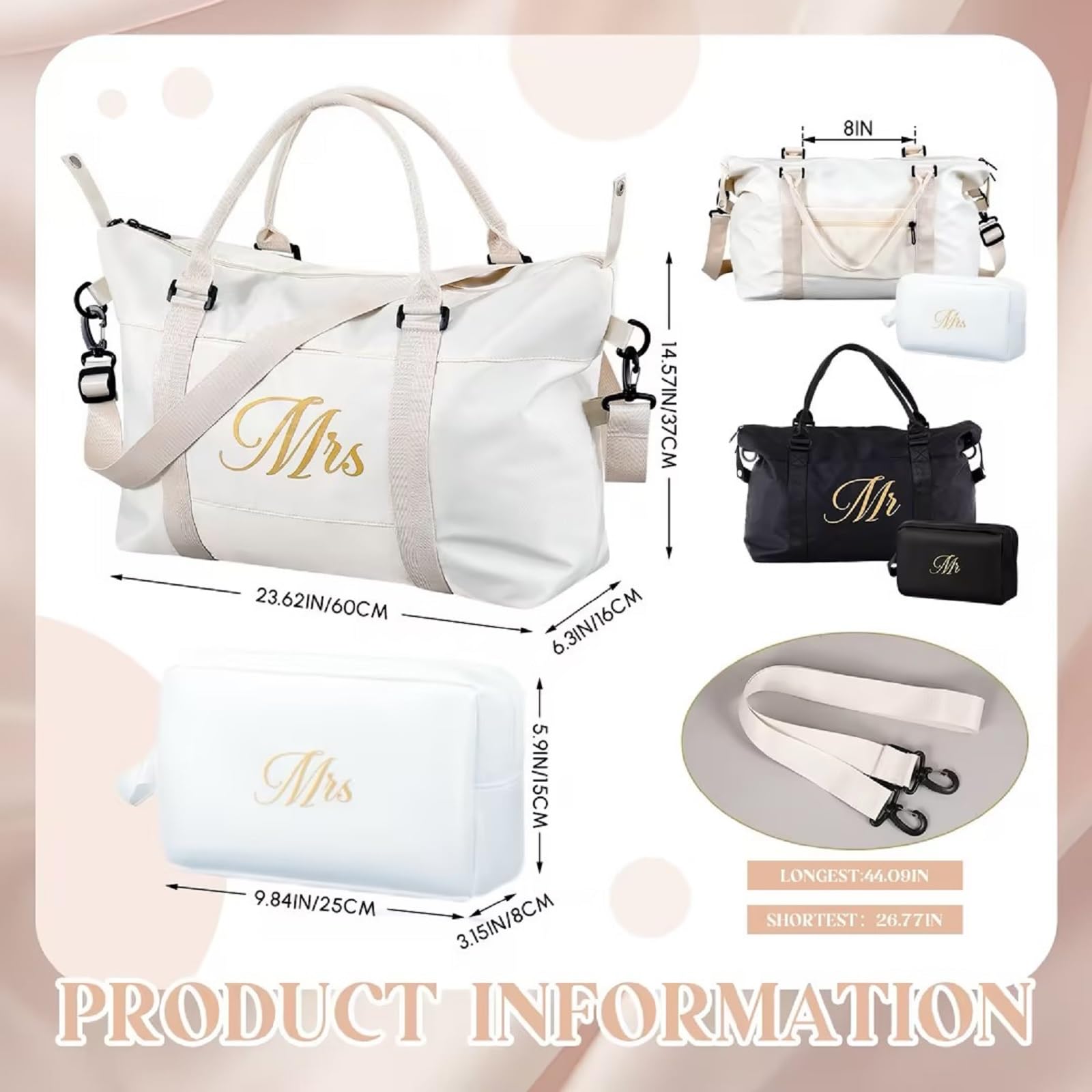 Sanwuta 4-Piece Wedding Duffel Bag Set - Mr & Mrs Honeymoon Travel Bags with Toiletry Pouches, His & Hers Weekender Gym Tote for Couples - Perfect for Bridal Shower Gifts, Romantic Getaways & Couples Travel Accessories