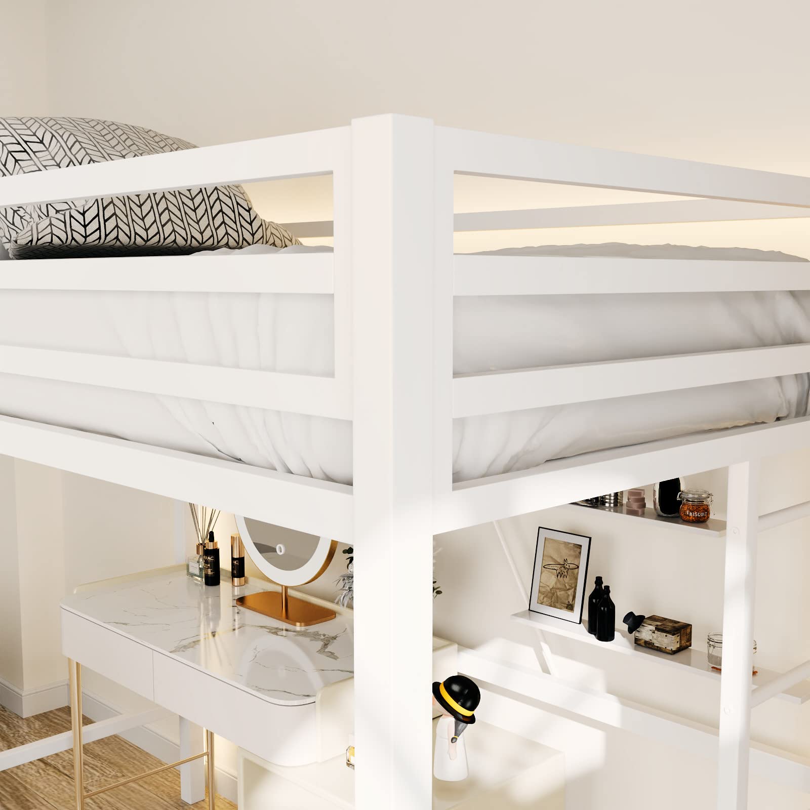 ikalido Twin Size Metal Loft Bed with Safety Guardrail & Ladder - Space Saving Bedroom Furniture, No Box Spring Needed, Cream White - Perfect for Kids Rooms, Dorms & Small Apartments