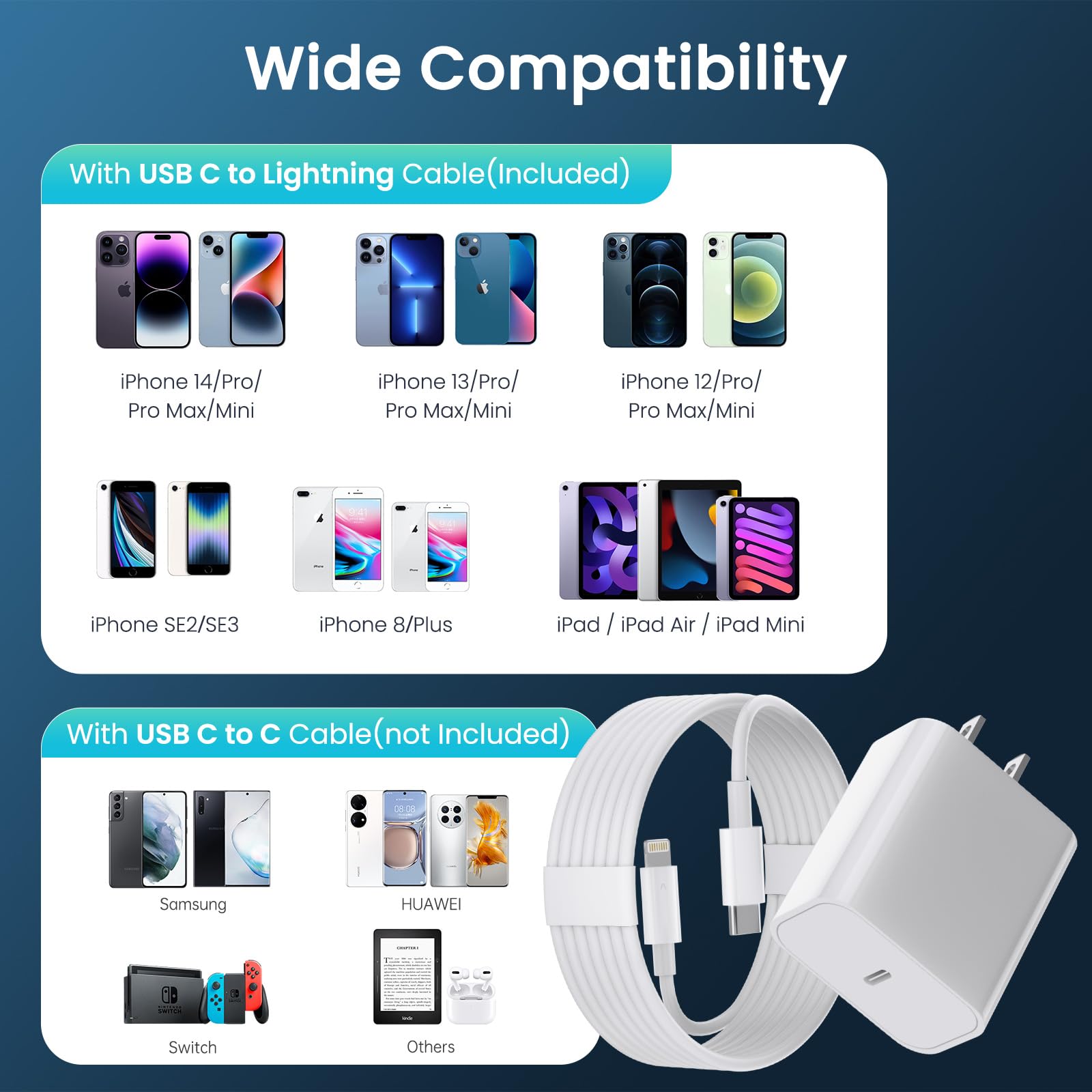 MFi Certified iPhone Fast Charger 20W PD USB C Wall Charger with 6FT & 10FT Cable - Compatible with iPhone 14 Pro/13 Pro/12/12 Pro Max/11 Pro Max/XS Max/XS/XR/X/8 - Fast Charging Adapter for Home, Office, Travel & Car Use
