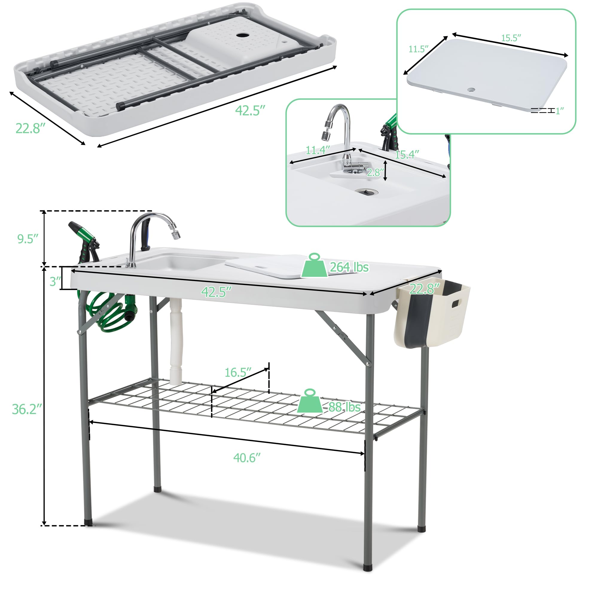 Dragosum Portable Outdoor Sink & Fish Cleaning Table with Faucet, Hose Hook & Grid Rack - Includes 7pc Fish Cleaning Kit - Perfect for Camping, Picnics, Beach, Patio & Backyard Use (Grey)