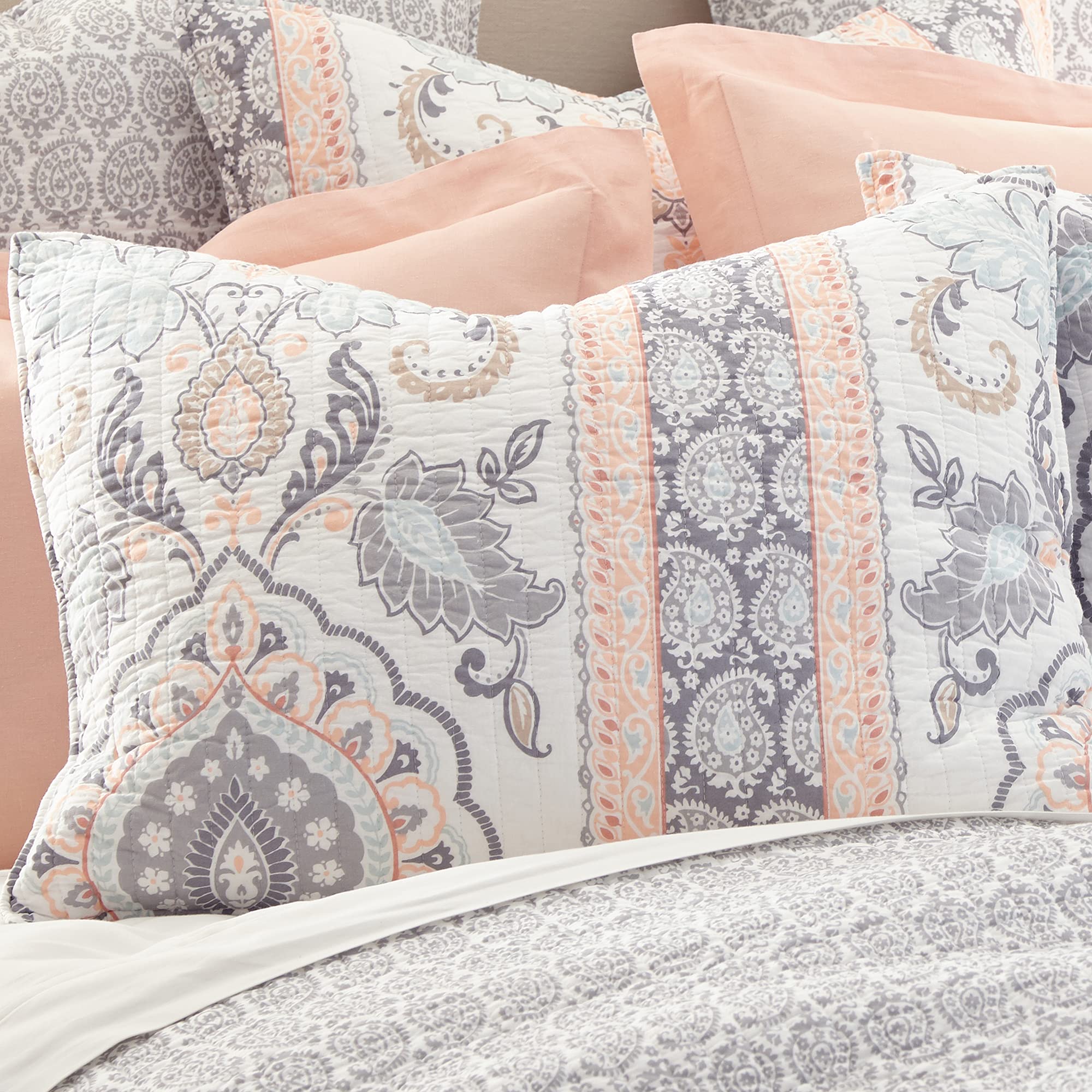 Levtex Home Darcy King Quilt Set - 100% Cotton Floral Bedding in Gray | Perfect for Master Bedroom, Guest Room & Cozy Home Decor