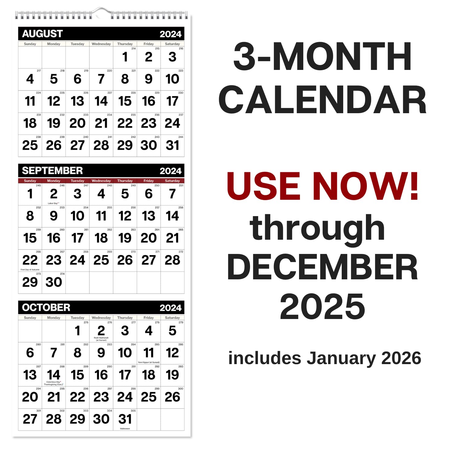 Dunwell 2024-2025 3-Month Vertical Wall Calendar | September 2024 - December 2025 | Black 11x26