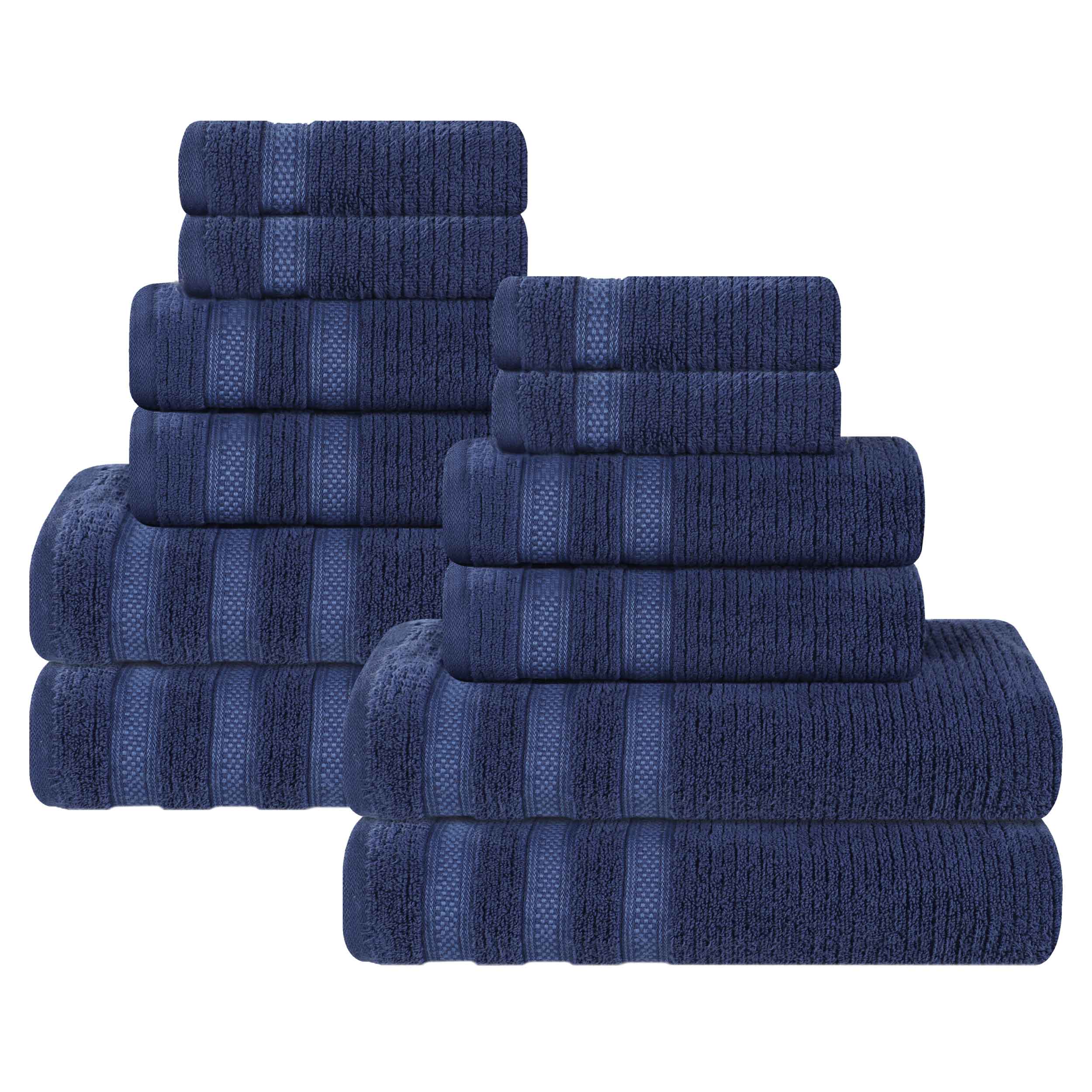 12-Piece Zero Twist Cotton Ribbed Geometric Border Plush Towel Set – Ultra Soft Bath & Beach Towels for Spa, Pool & Luxury Home Use