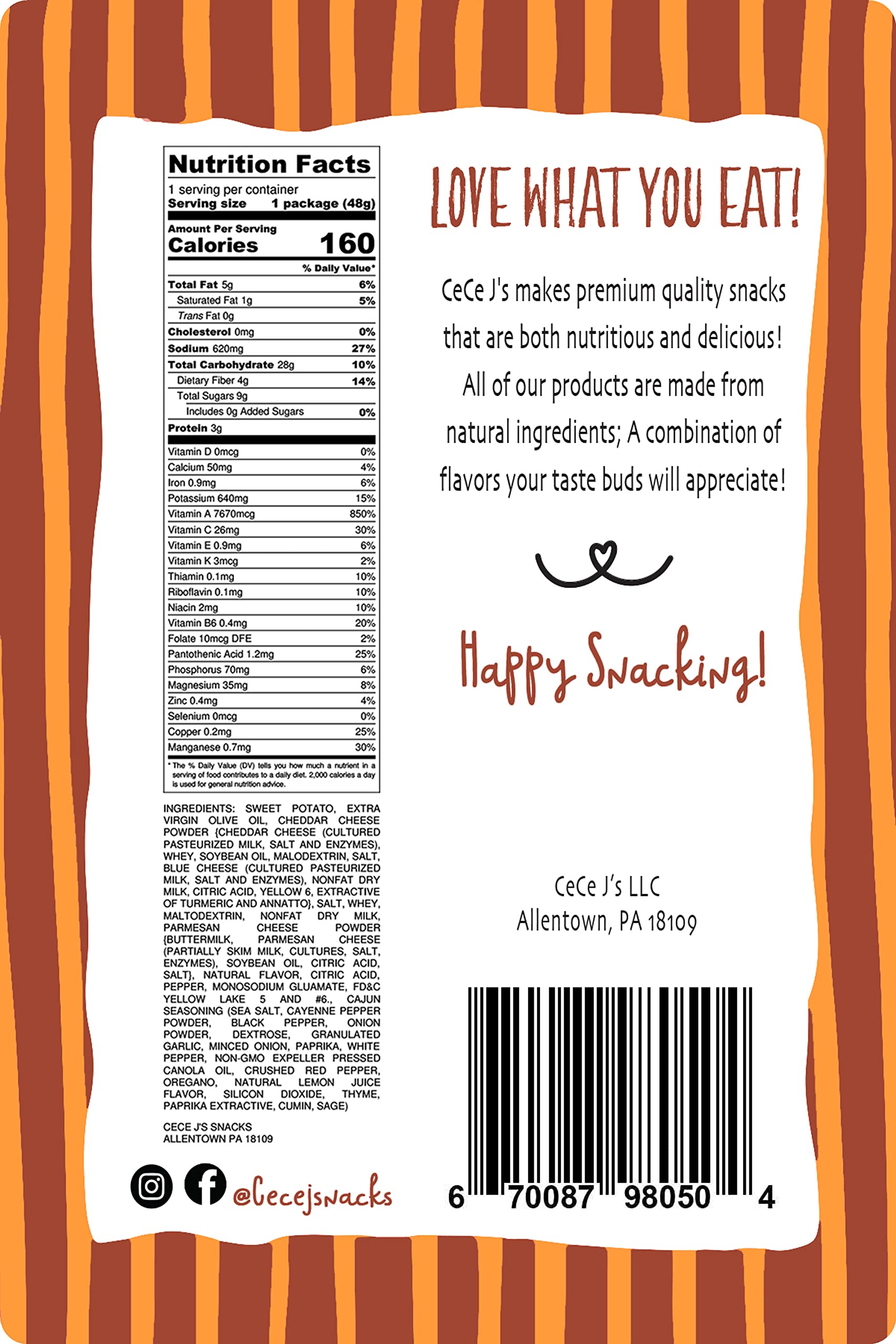 CeCe J's Snacks Cajun Nacho Sweet Potato Chips - Dehydrated Vegetable Snacks - 100% Real Veggie Chips - Gluten Free & Non-GMO - 1.7oz Bags (12 Pack) - Perfect for Lunchboxes, Parties & Healthy On-the-Go Snacking