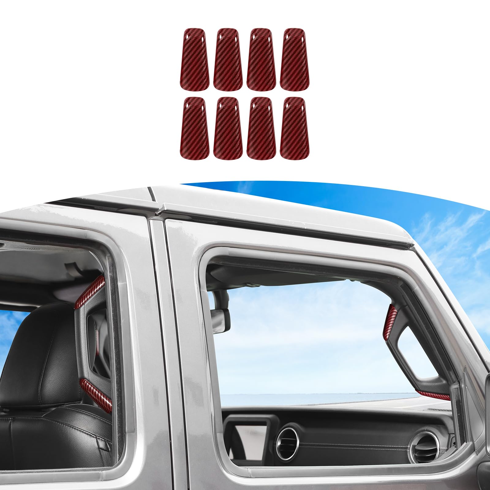 RT-TCZ Red Carbon Fiber A/B Pillar Grab Handles Cover Trim for Jeep Wrangler JL JLU & Gladiator JT 4-Door (2018-2023) - Interior Accessories for Off-Road Protection & Style Enhancement