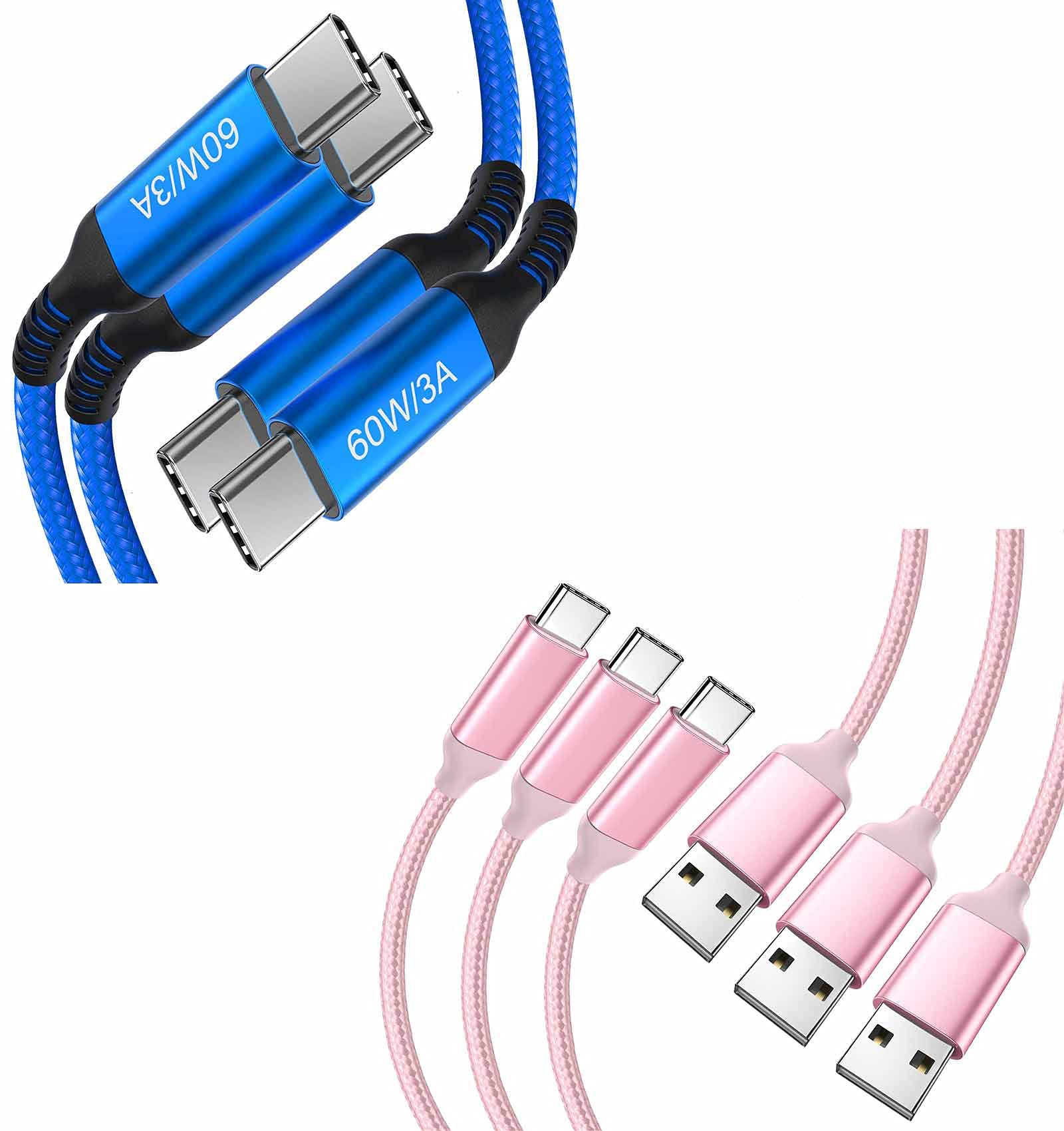 10ft USB C to USB C Cable 2-Pack & USB A to C Cable 3-Pack - Fast Charging & Data Sync for iPhone 15/Samsung/Android - Blue & Pink (Home, Office, Car, Travel)