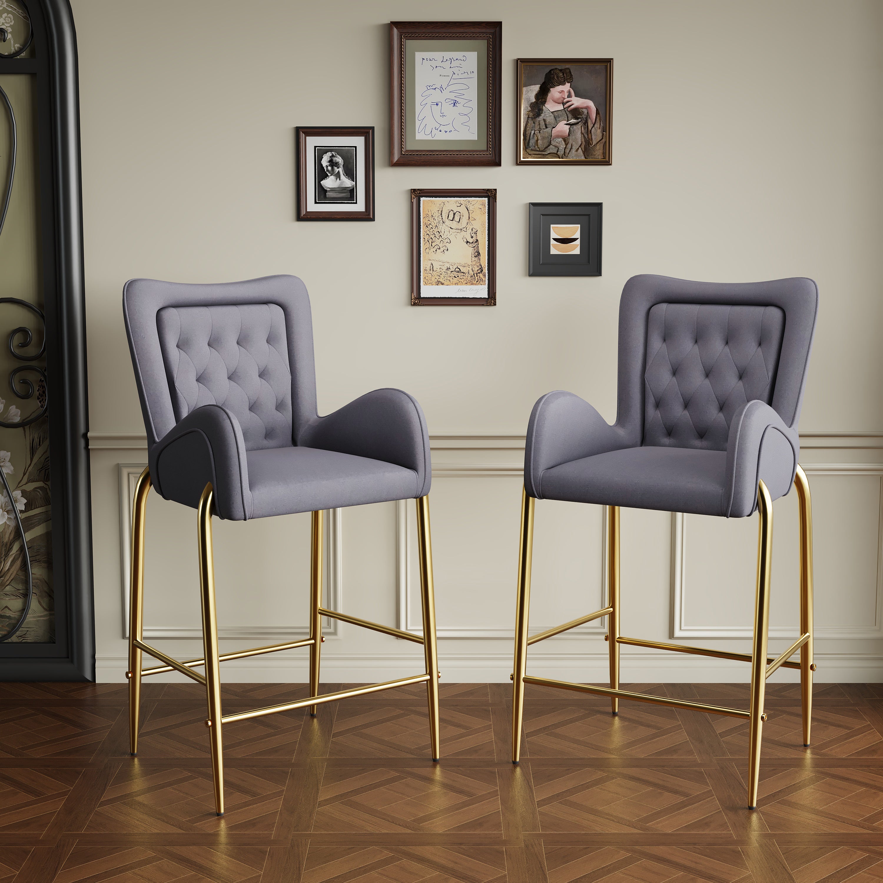 28.75 Inch Counter Height Bar Stools Set of 2 - Velvet Upholstered Barstools with Golden Metal Legs, Adjustable Swivel Bar Chairs for Kitchen Island, Breakfast Nook & Home Bar Decor