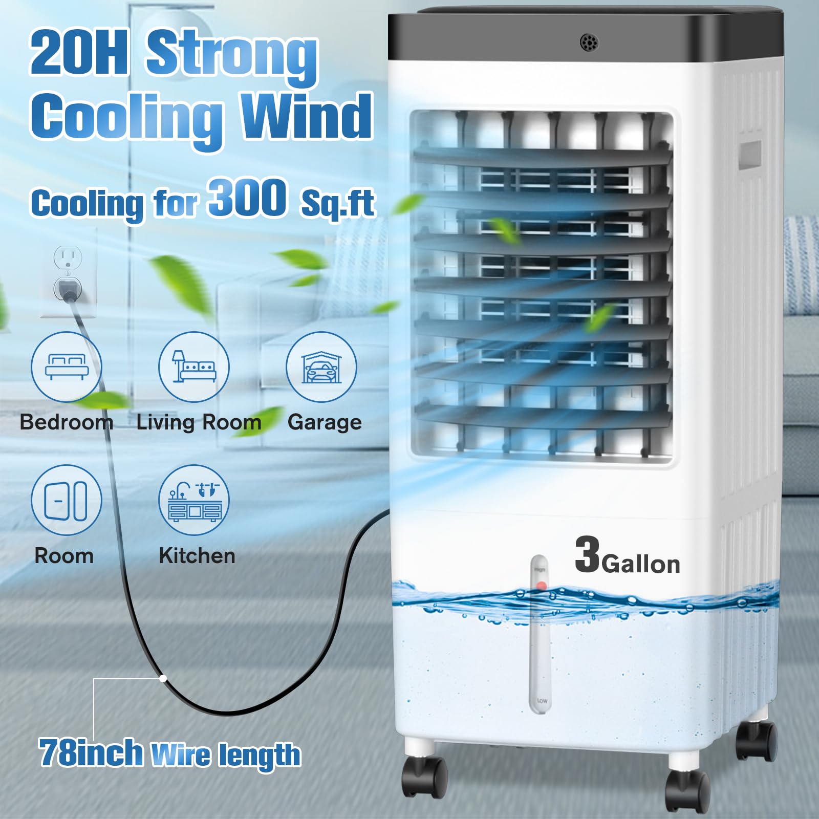Portable Air Conditioner with 10L Water Tank - 20H Cooling Time, 3 Speeds & 90° Oscillation - Swamp Cooler for Room, Kitchen, Bedroom (Includes 6 Ice Packs) - Perfect for Home, Office & Outdoor Use