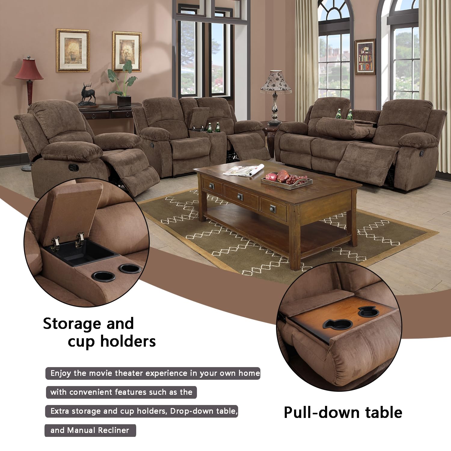 Ainehome 3-Piece Corduroy Recliner Sofa Set with Storage | Modern Taupe Brown Living Room Furniture | Comfortable Sectional Couch for Office, Lounge & Small Spaces