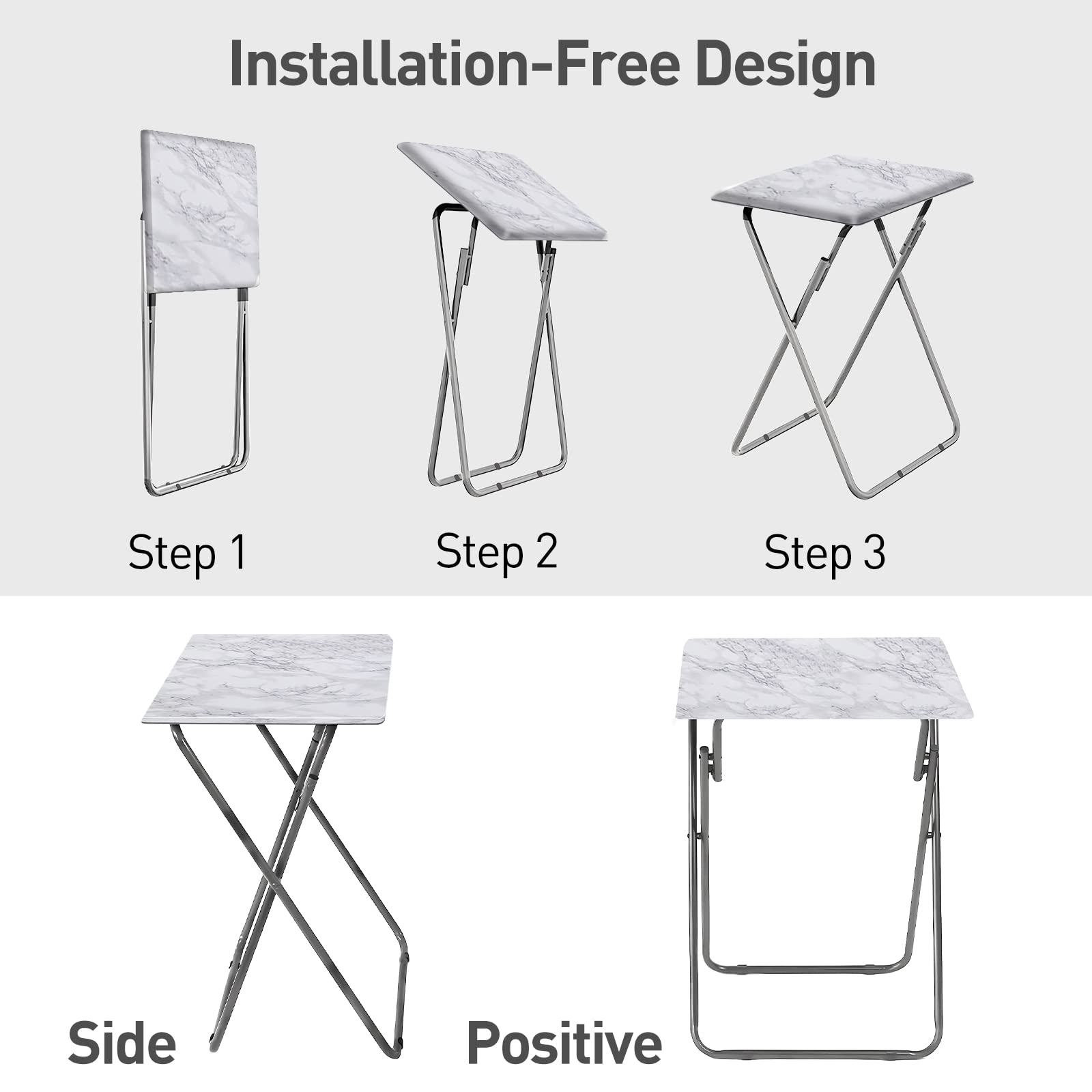 Foldable TV Tray Table - 15 x 18.9 x 26 Inch Sturdy Snack Eating Tray with No Assembly Required, White Marble Finish - Perfect for Living Room, Bedroom, Office or Outdoor Use
