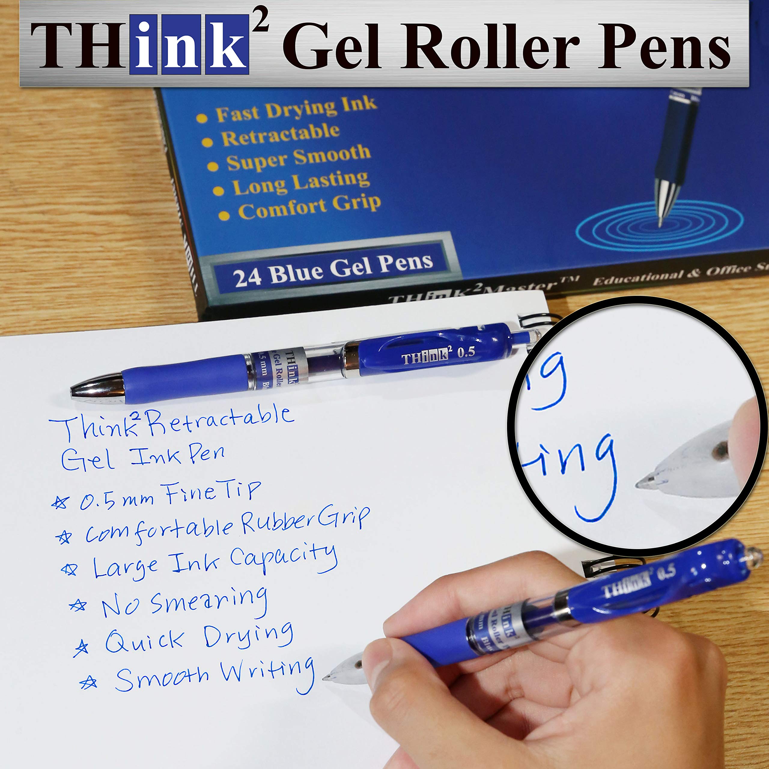 Think2Master 24 Pack Retractable Gel Pens - Blue Ink, Fine Point 0.5mm Rollerball Pens with Comfort Grip for Smooth Writing - Perfect for Office, School, Note Taking & Journaling