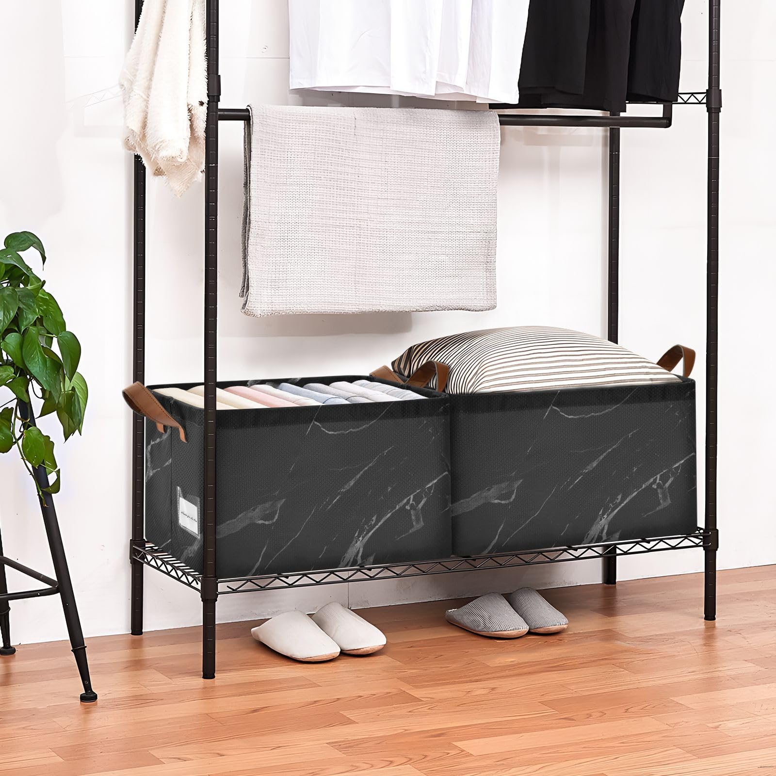 Black Marble Storage Bin with Convenient Decor Basket & Modern Laundry Basket - Perfect for Home Organization, Closet Storage & Laundry Room Decor