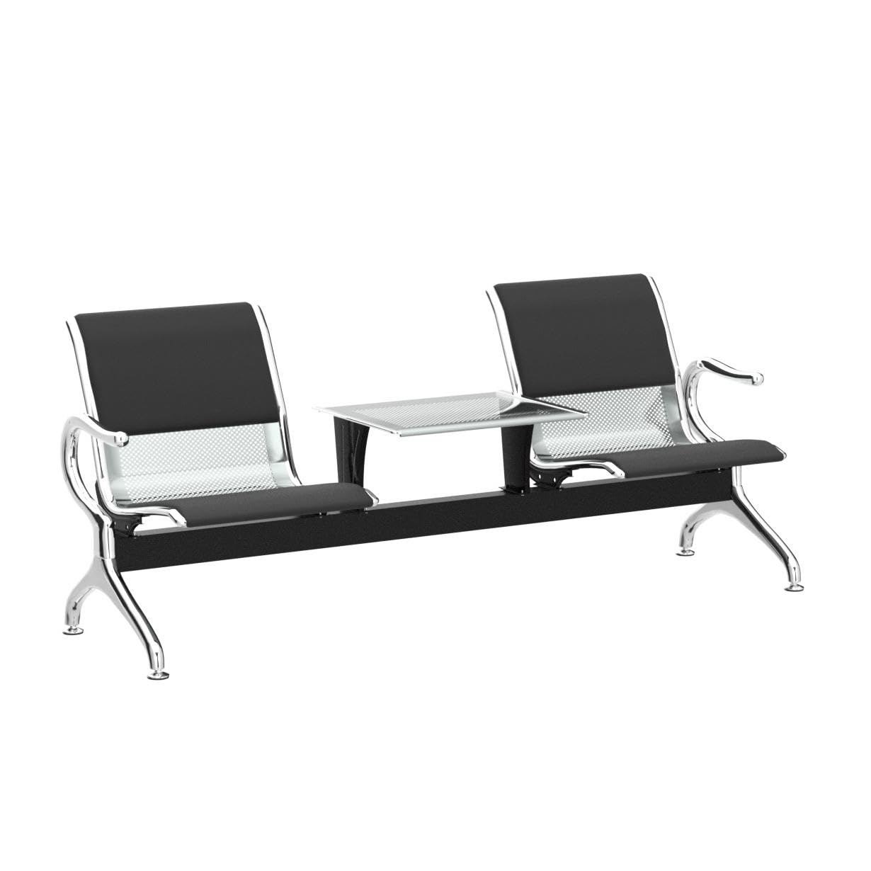 2-Seat Waiting Room Chairs with Table - Office Guest Chairs, Park Bench, Reception & Lobby Chairs with Arms & PU Cushion - Black (Set of 2) - Perfect for Airports, Hospitals, Clinics, and Corporate Waiting Areas