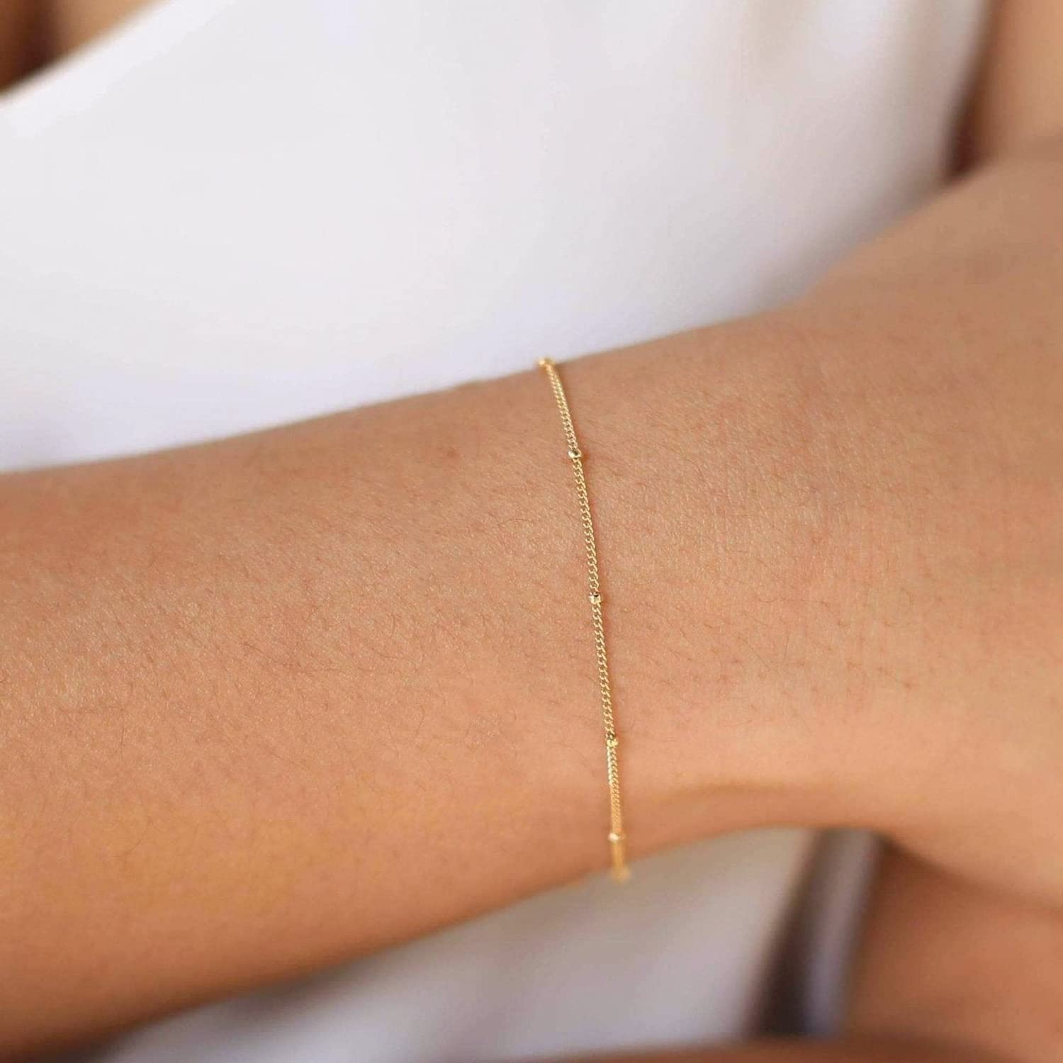Women's Dainty Gold Chain Bracelet - Simple Layered Beaded Turquoise Bracelet with Charm Crystal Bar, Heart, Karma & Pearl Accents | Elegant Everyday Jewelry for Work, Date Night & Special Occasions