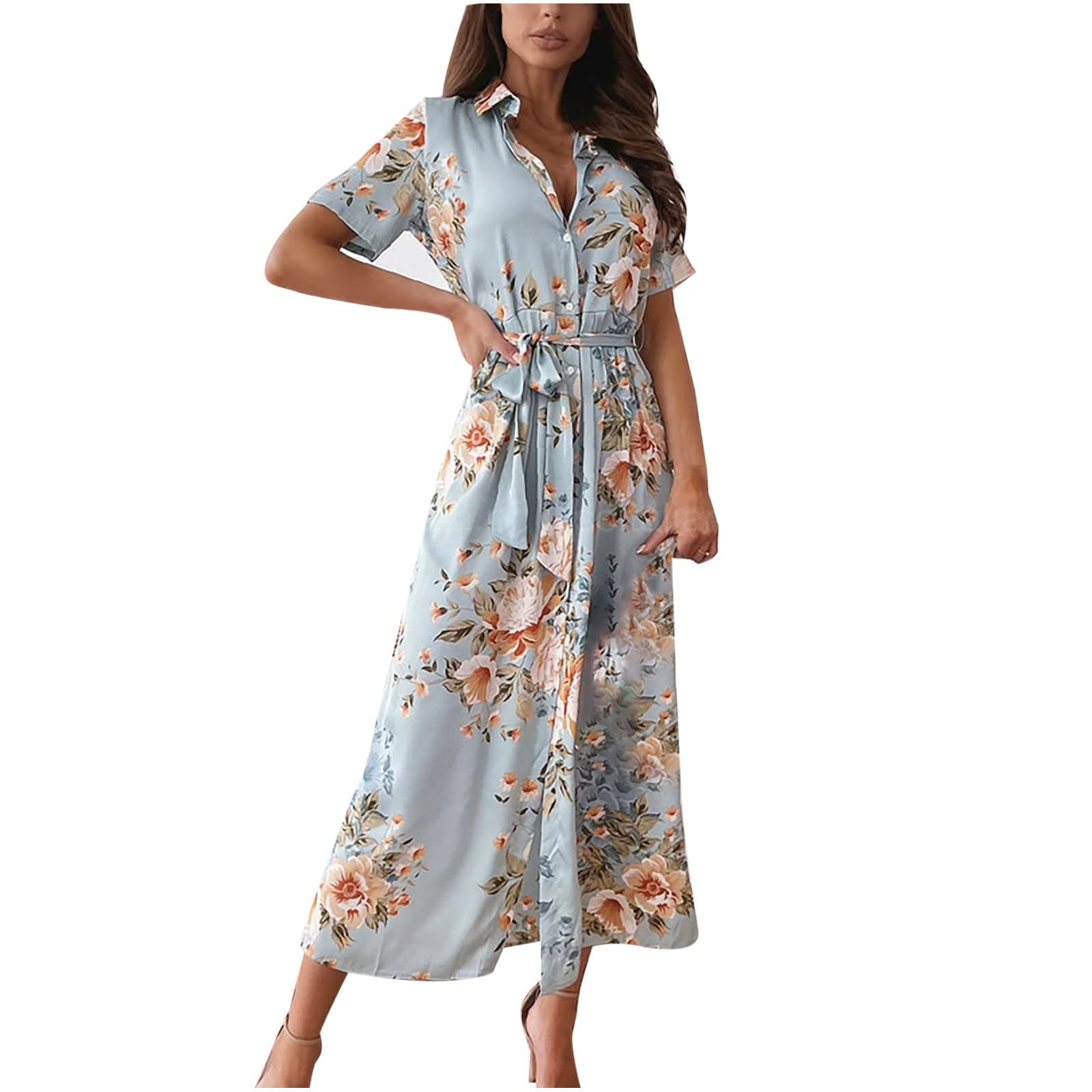 Women's Floral Print Casual Summer Maxi Dress with Button Lapel, Short Sleeves, Split & Belt - Boho Chic Long Shirt Dress for Beach, Vacation & Outdoor Parties