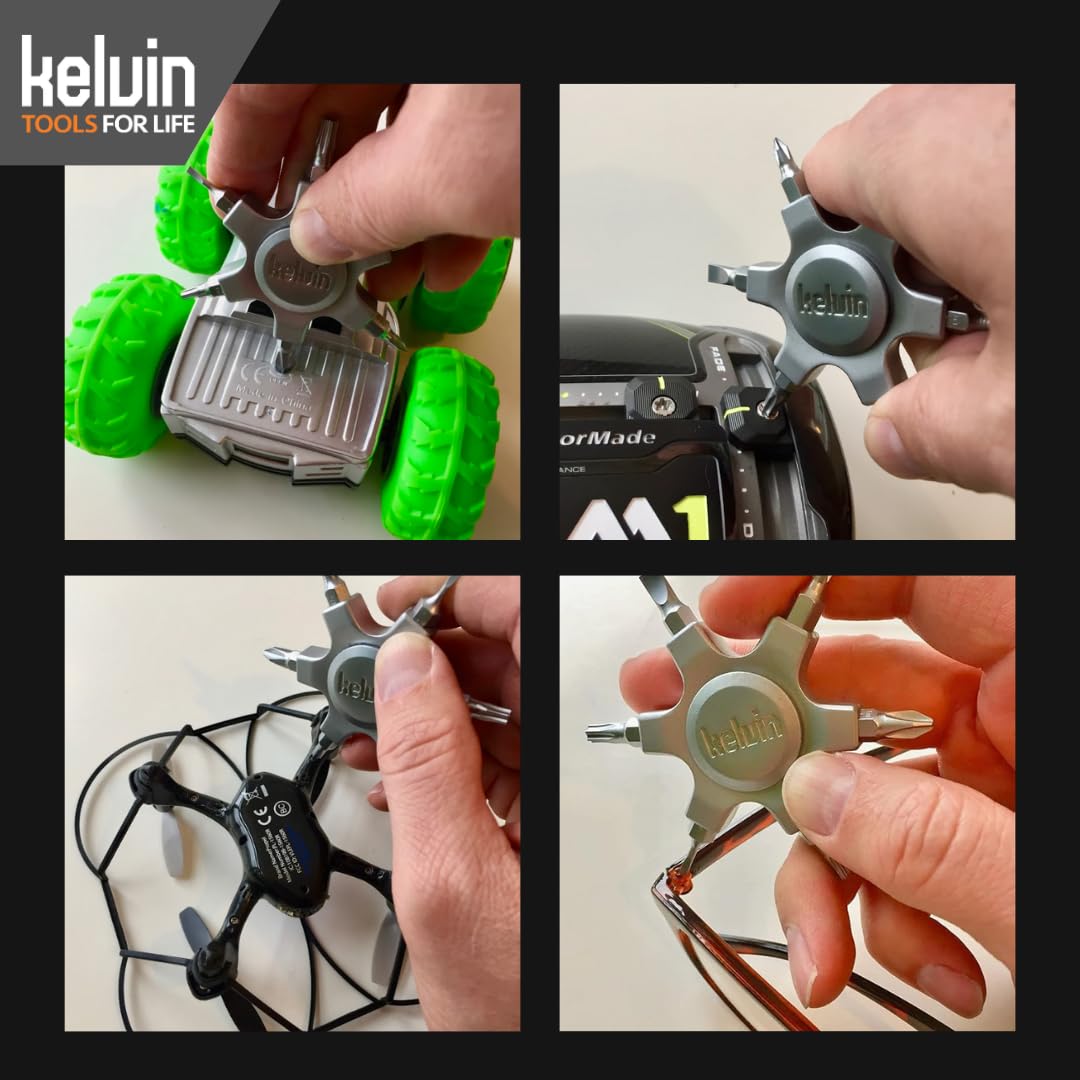 Kelvin Tools Kelvin 07 Fidget Spinner Multitool - Pocket Spinner with 6 Chromoly Steel Bits (2 Flat, 2 Phillips, 2 Torx) | Compact Screwdriver for Adults | Perfect for Office, Home Repair, Camping & EDC Gear