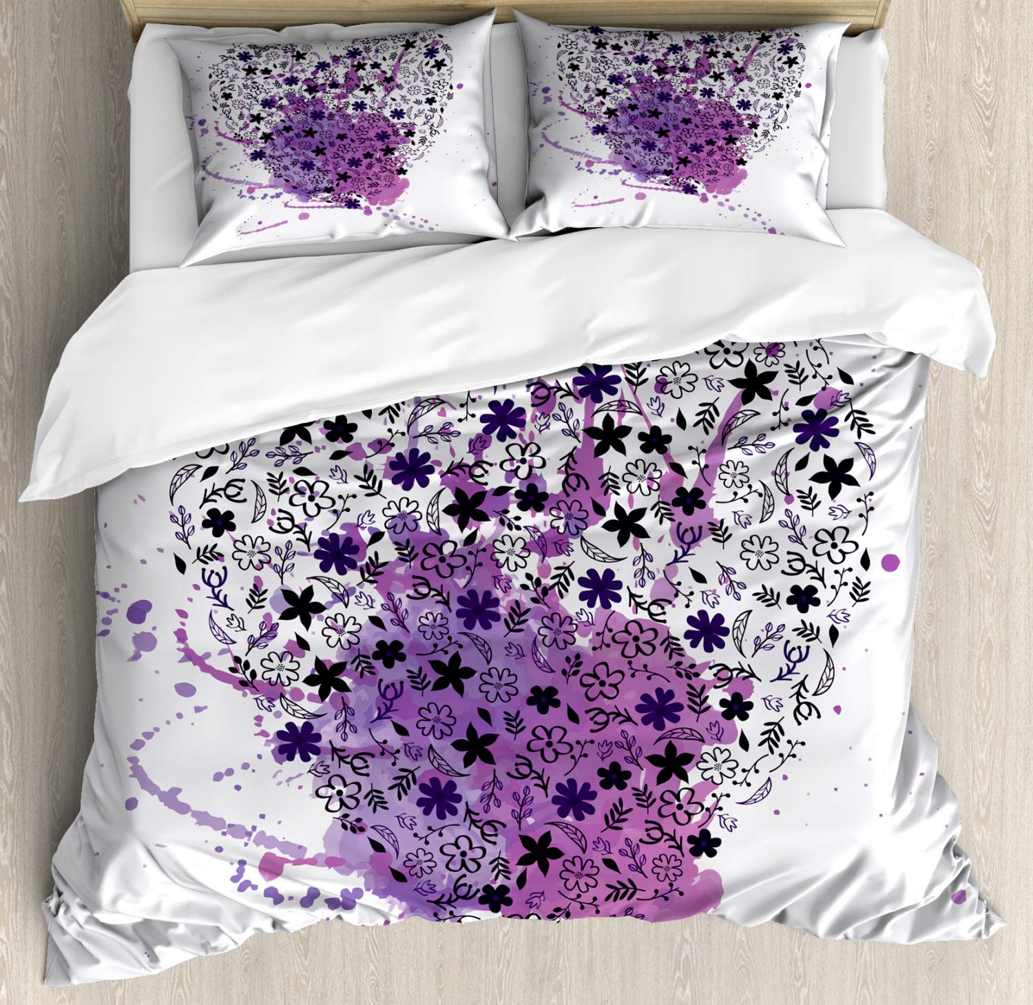 Ambesonne Romantic Watercolor Heart Duvet Cover Set - Queen Size 3-Piece Bedding with Pillow Shams, Purple & Dark Purple Valentine's Day Decor for Couples Bedroom