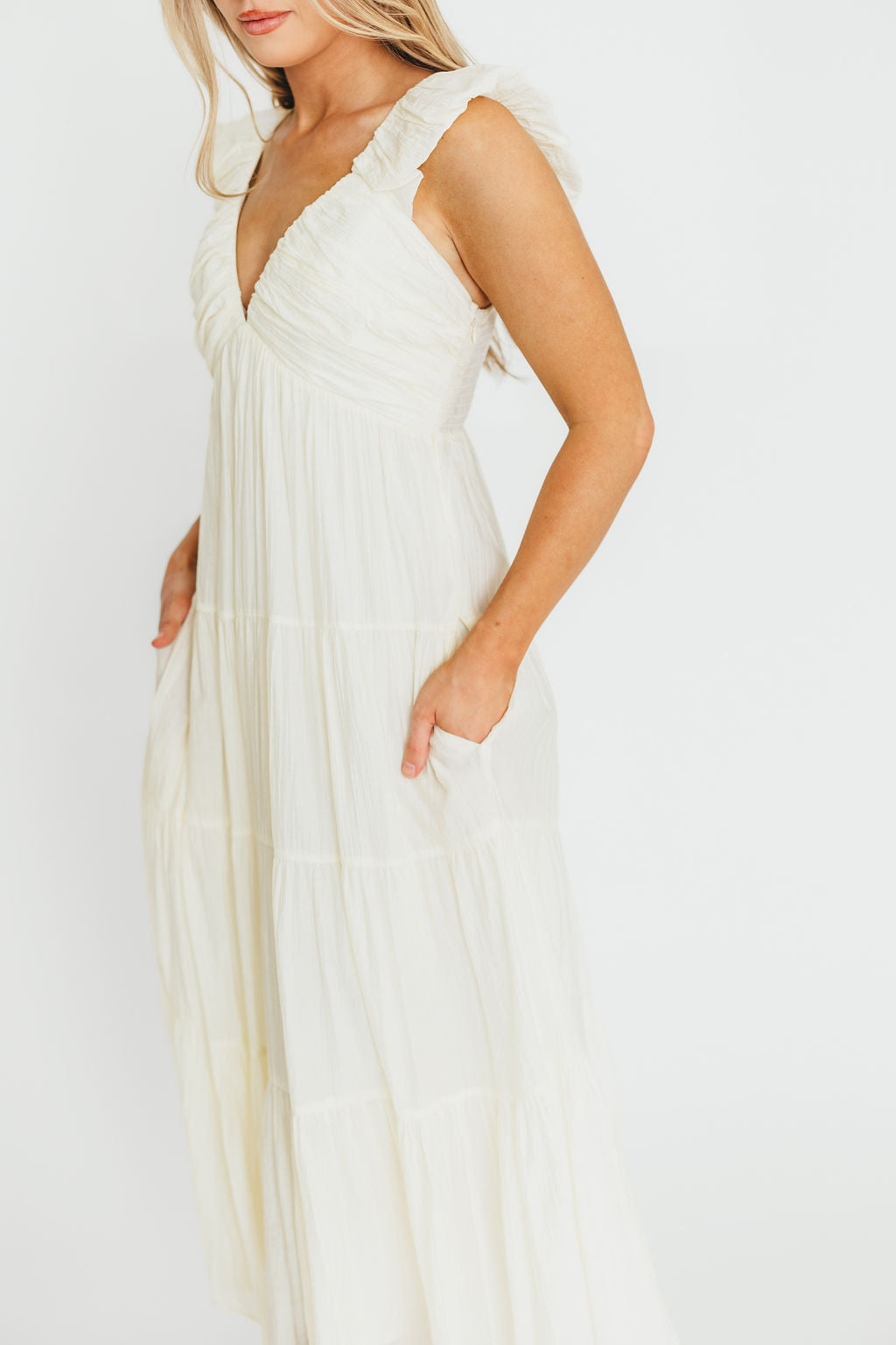 Katy Pleated Bodice Midi Dress in Cream - Bump Friendly Maternity Dress for Wedding, Baby Shower & Special Occasions